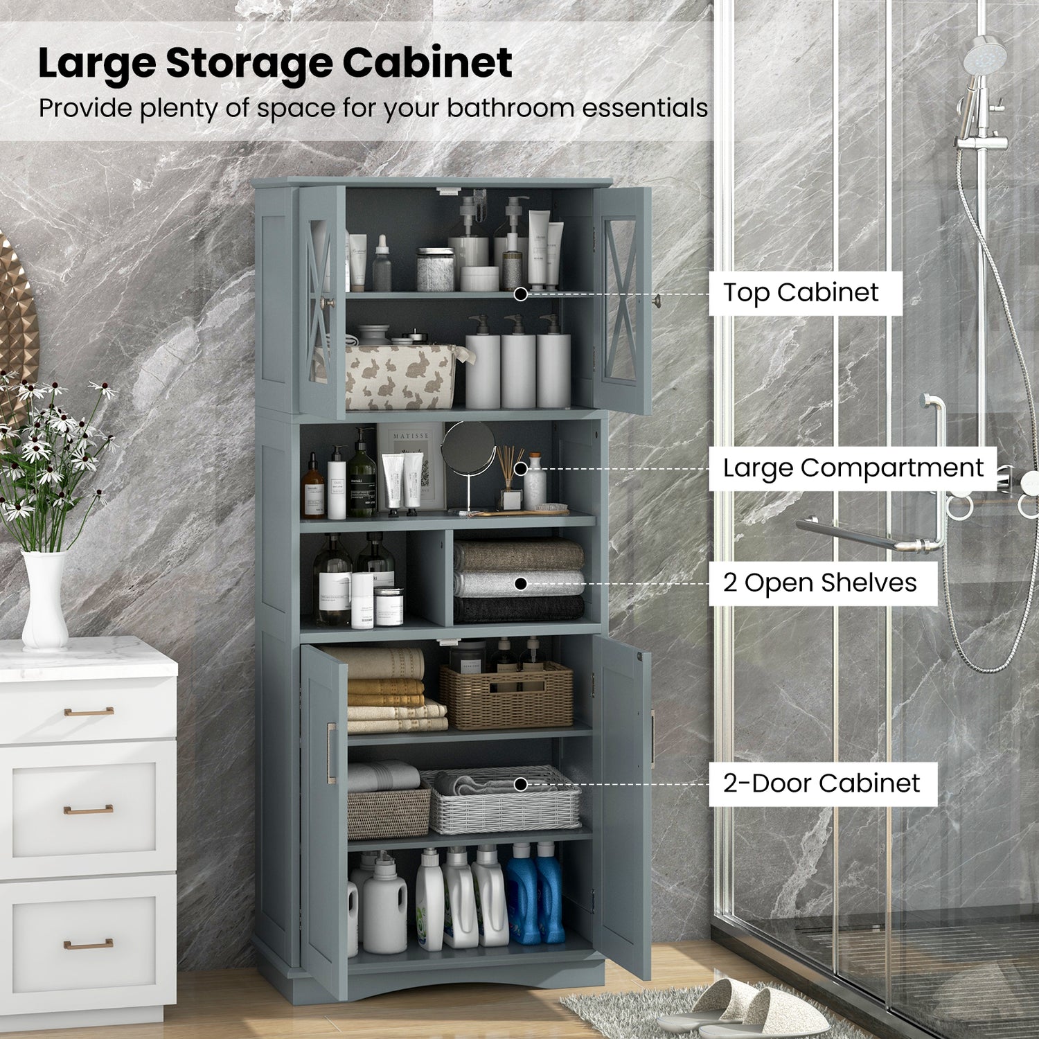 Tall Bathroom Cabinet Large Floor Storage Cabinet with Acrylic Doors and 3 Cubes