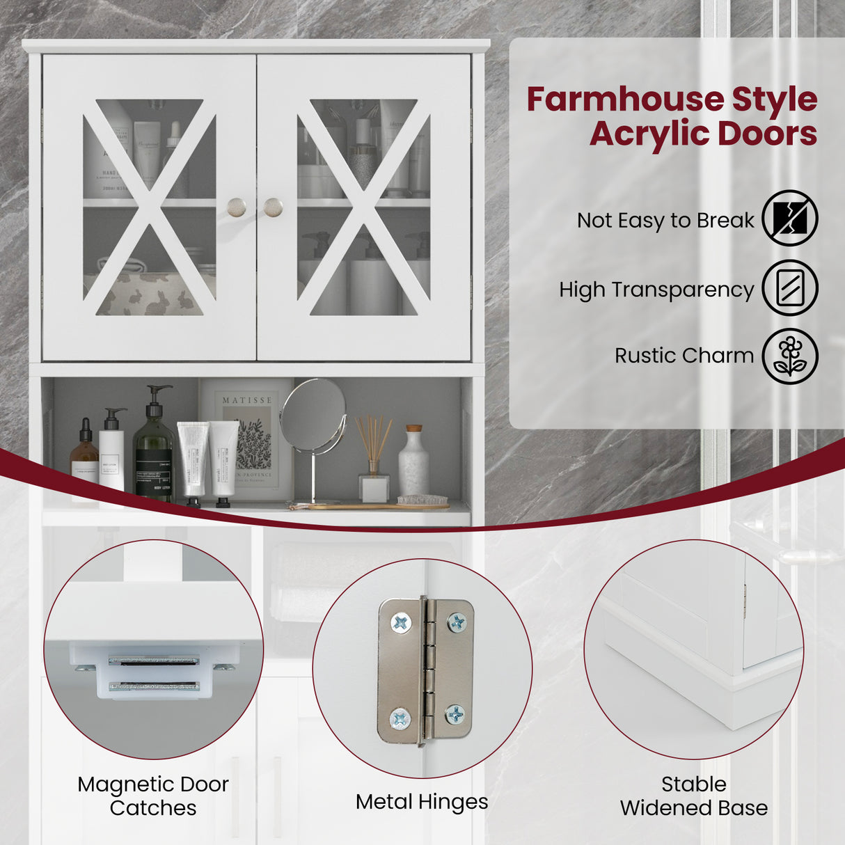 Tall Bathroom Cabinet Large Floor Storage Cabinet with Acrylic Doors and 3 Cubes