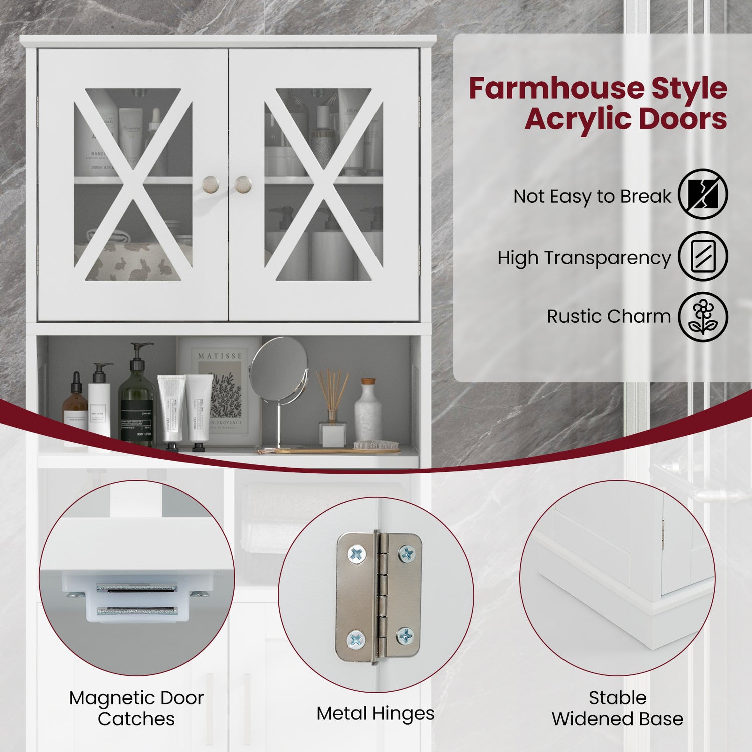 Tall Bathroom Cabinet Large Floor Storage Cabinet with Acrylic Doors and 3 Cubes