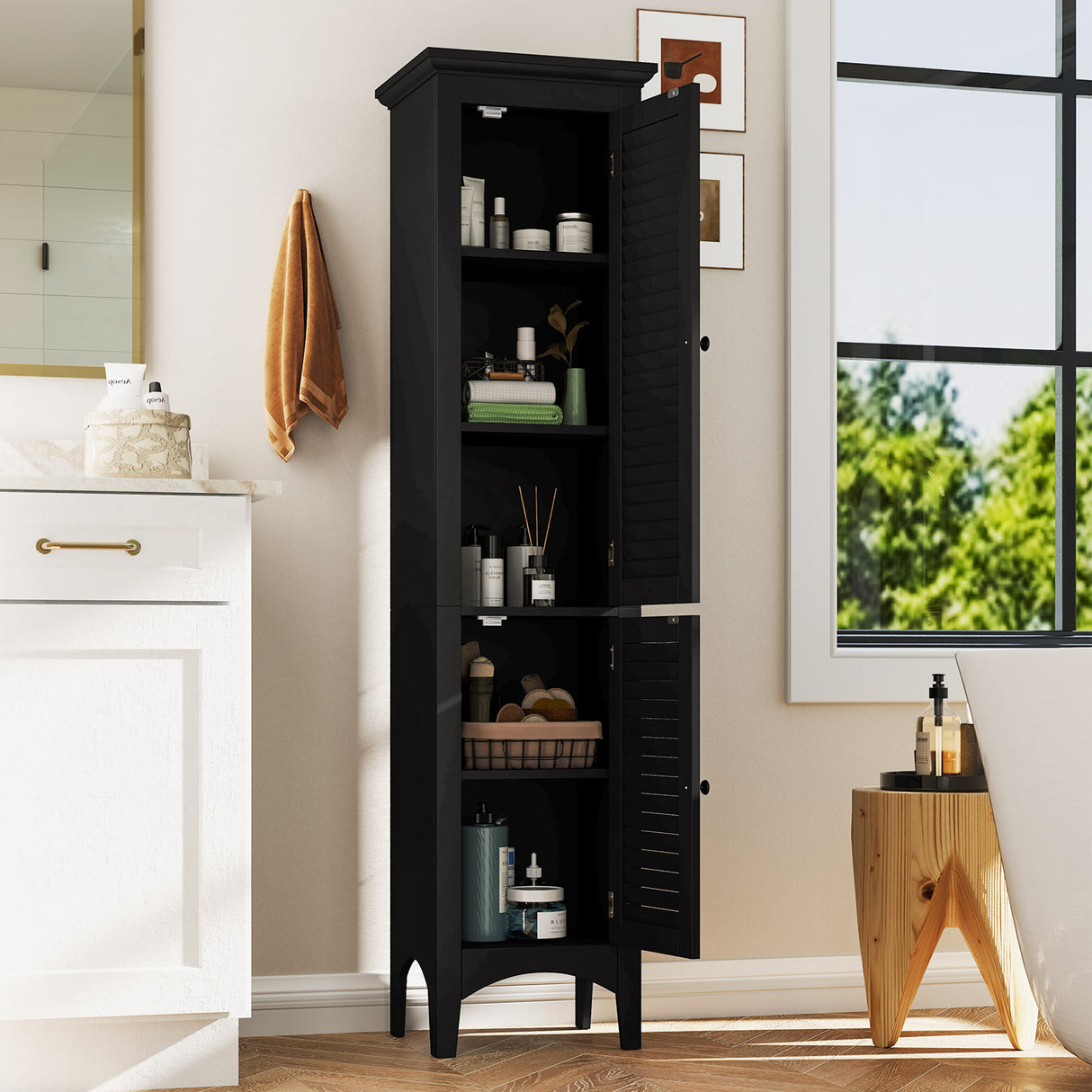 Tall Bathroom Floor Cabinet with Shutter Doors and Adjustable Shelf