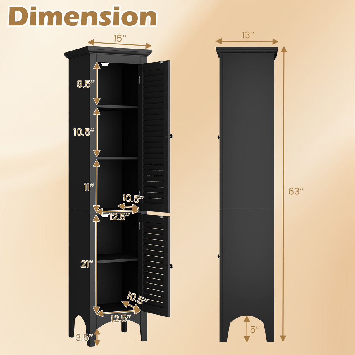 Tall Bathroom Floor Cabinet with Shutter Doors and Adjustable Shelf