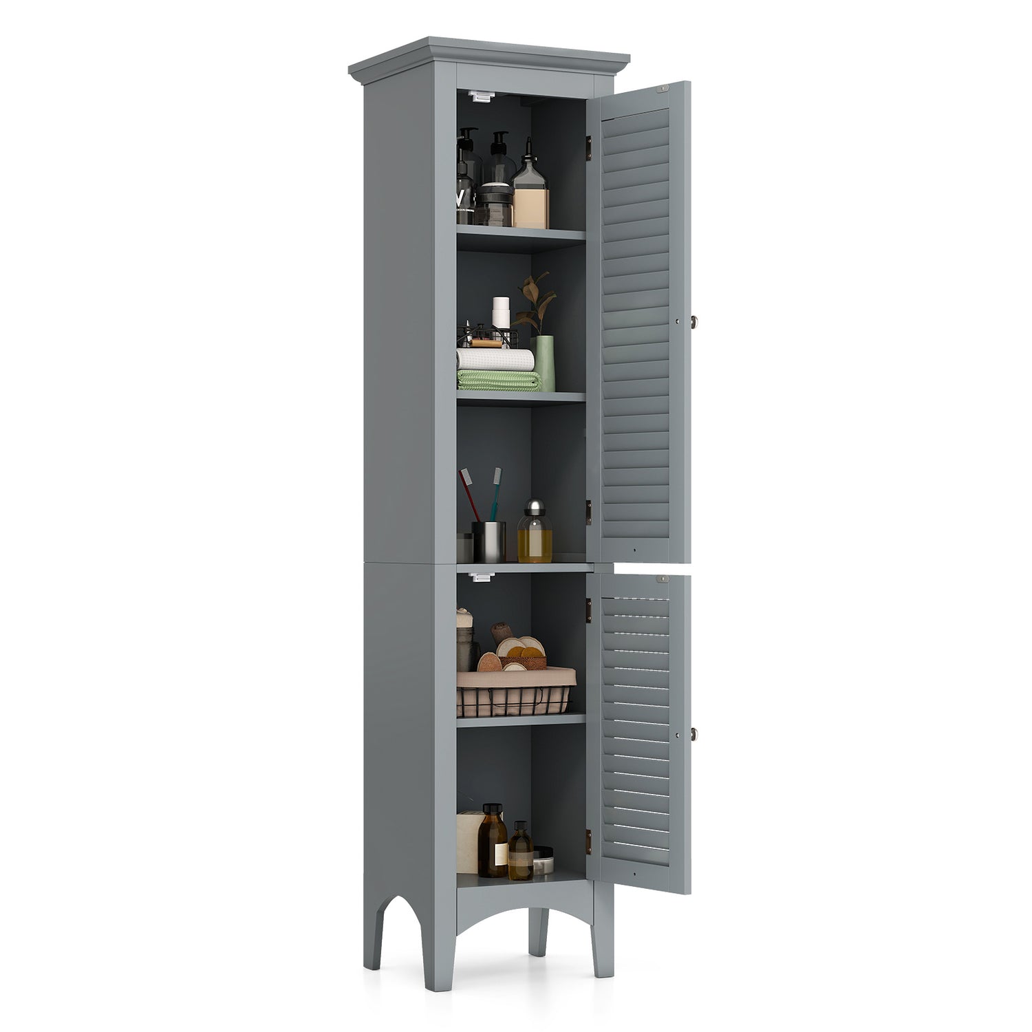 Tall Bathroom Floor Cabinet with Shutter Doors and Adjustable Shelf