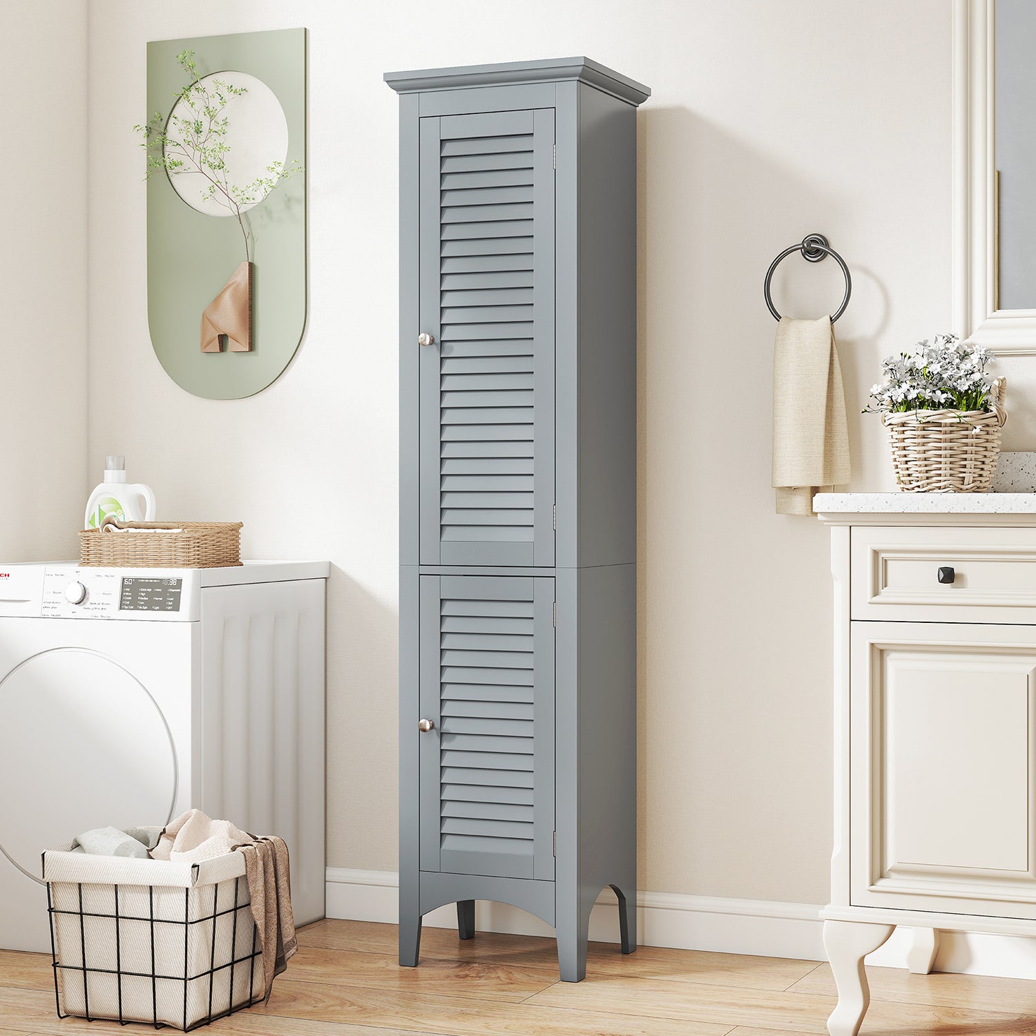 Tall Bathroom Floor Cabinet with Shutter Doors and Adjustable Shelf