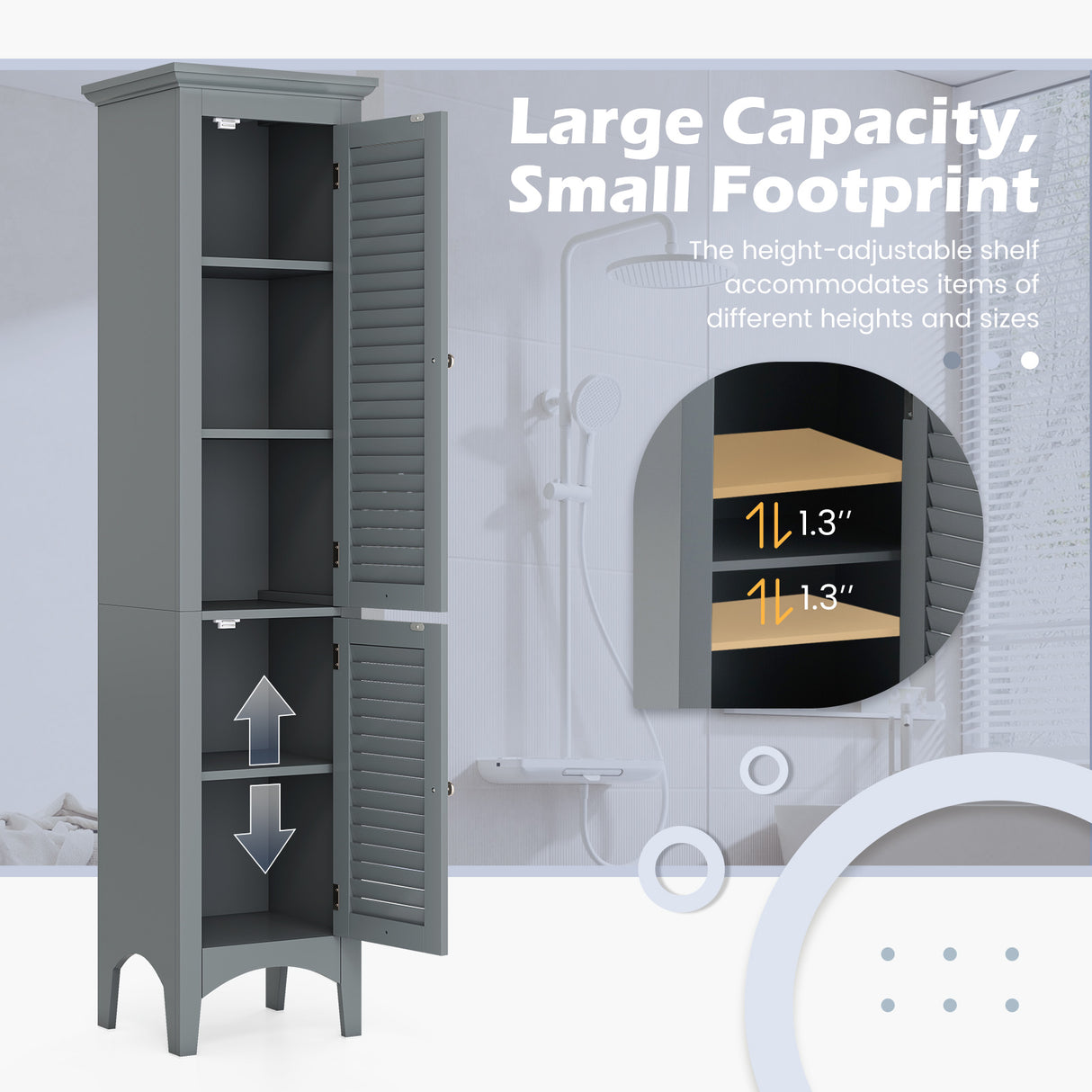 Tall Bathroom Floor Cabinet with Shutter Doors and Adjustable Shelf