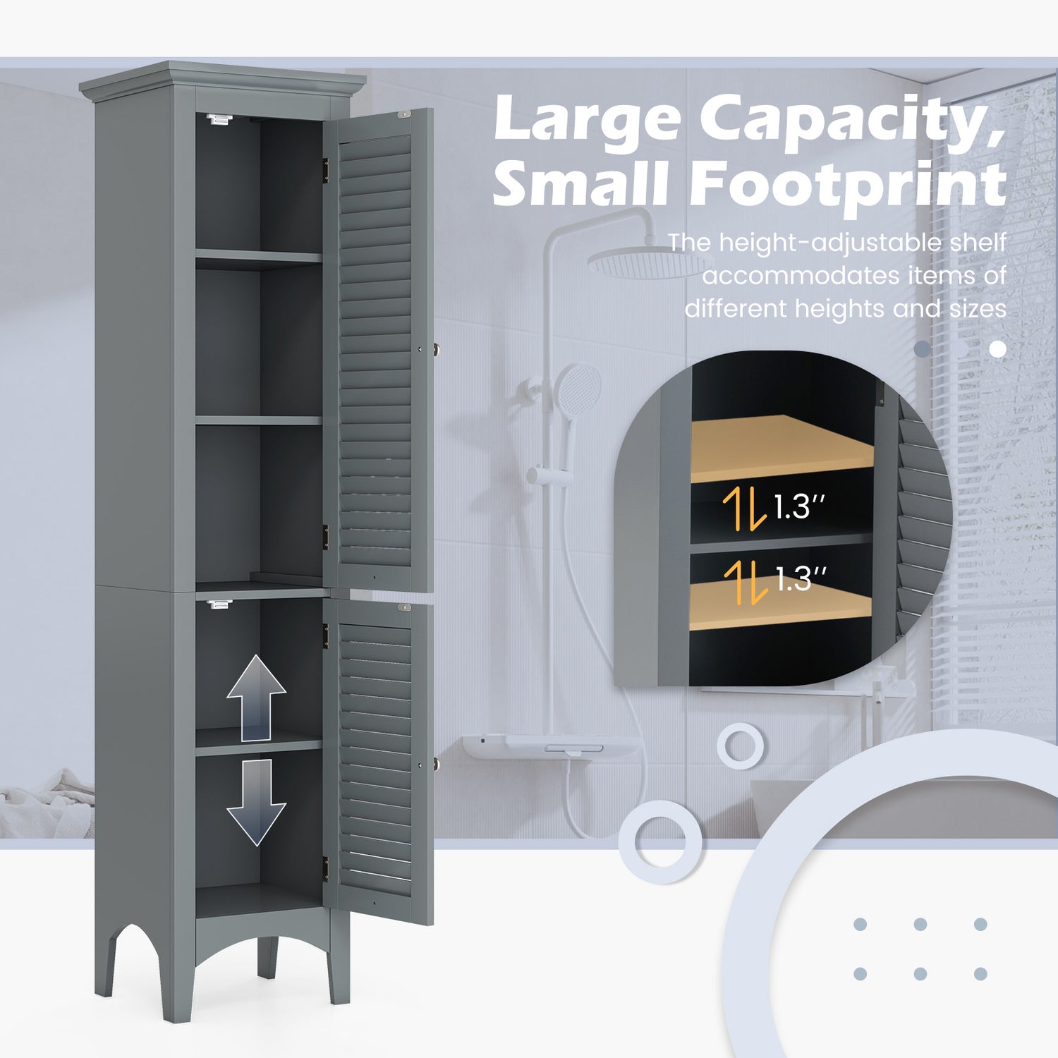 Tall Bathroom Floor Cabinet with Shutter Doors and Adjustable Shelf