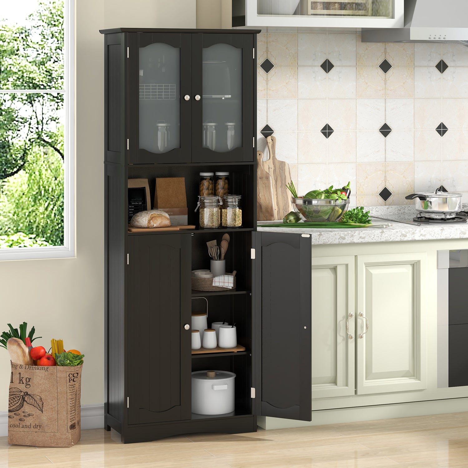 64.5 Inches Tall Bathroom Storage Cabinet with Frost Glass Doors and Shelves