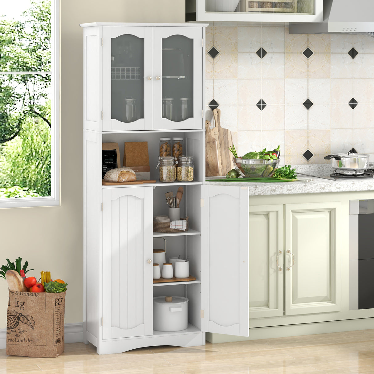 64.5 Inches Tall Bathroom Storage Cabinet with Frost Glass Doors and Shelves