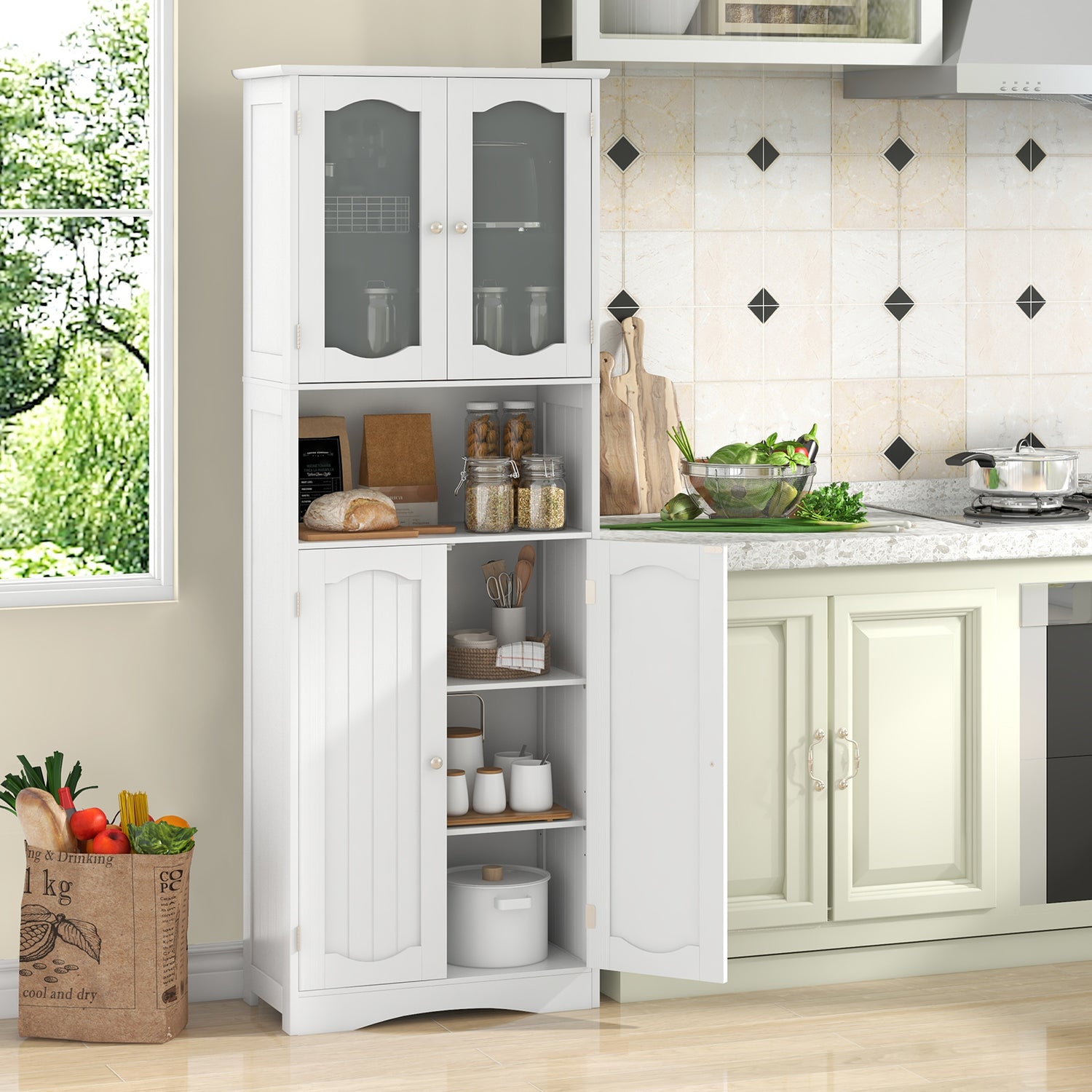 64.5 Inches Tall Bathroom Storage Cabinet with Frost Glass Doors and Shelves