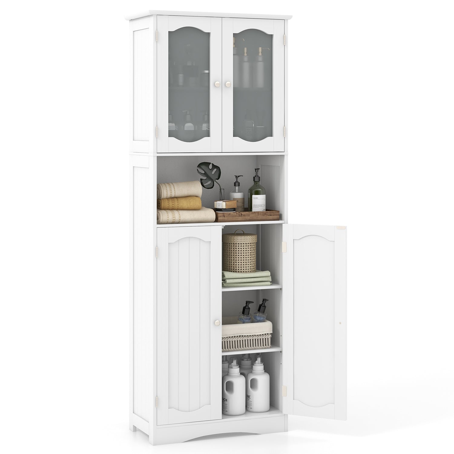 64.5 Inches Tall Bathroom Storage Cabinet with Frost Glass Doors and Shelves