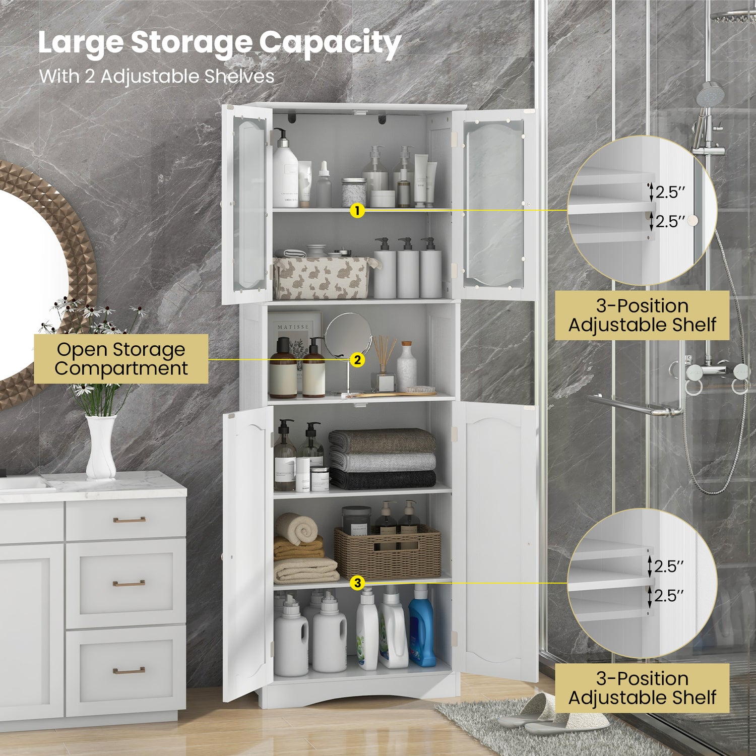64.5 Inches Tall Bathroom Storage Cabinet with Frost Glass Doors and Shelves
