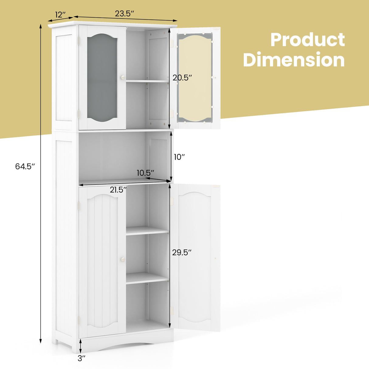 64.5 Inches Tall Bathroom Storage Cabinet with Frost Glass Doors and Shelves