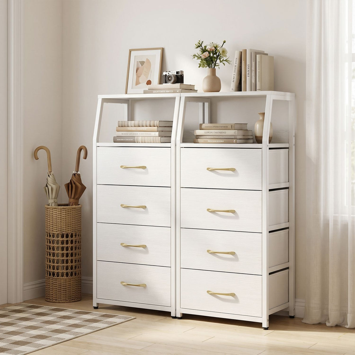 Tall Dresser with 4 Fabric Drawers and Metal Frame for Bedroom