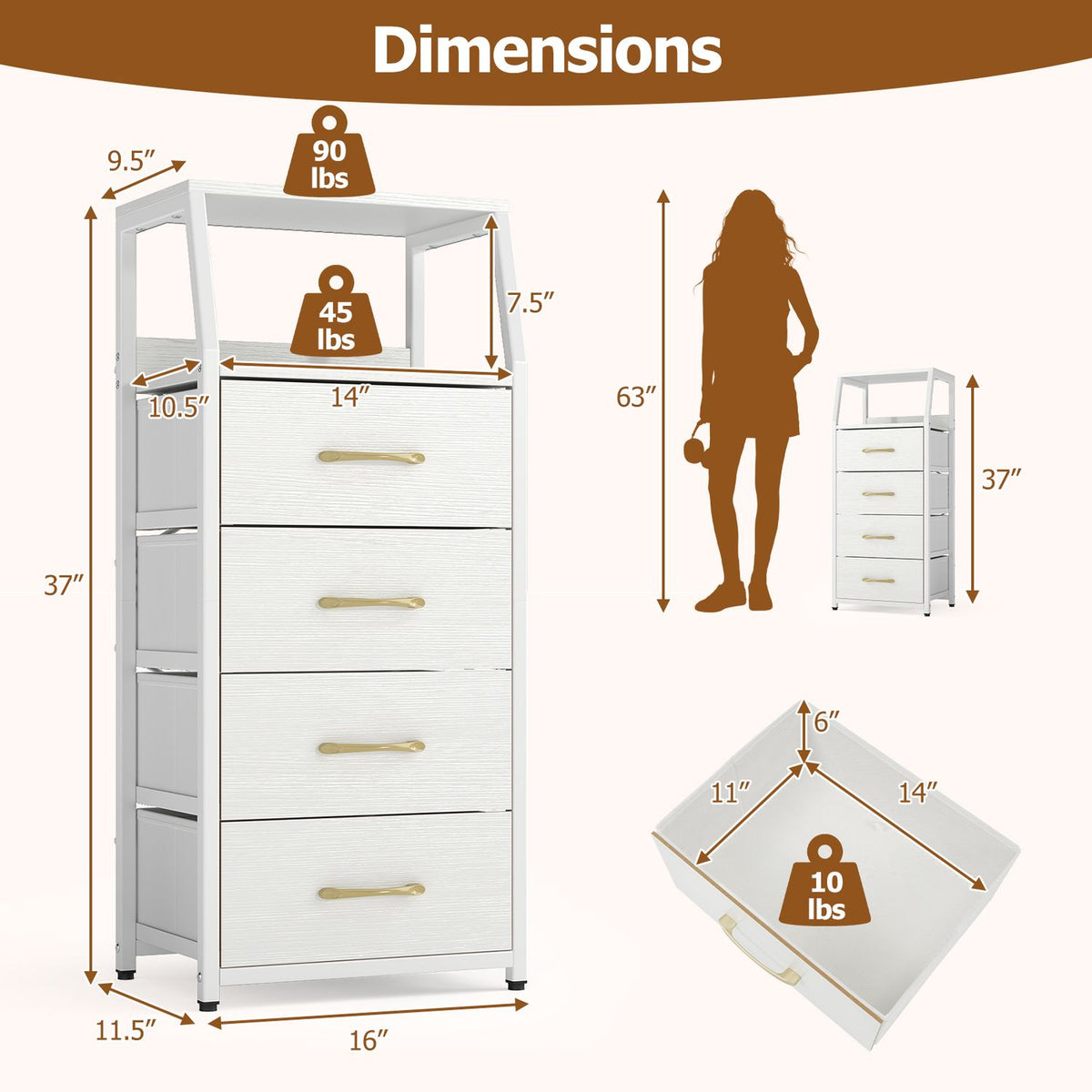 Tall Dresser with 4 Fabric Drawers and Metal Frame for Bedroom