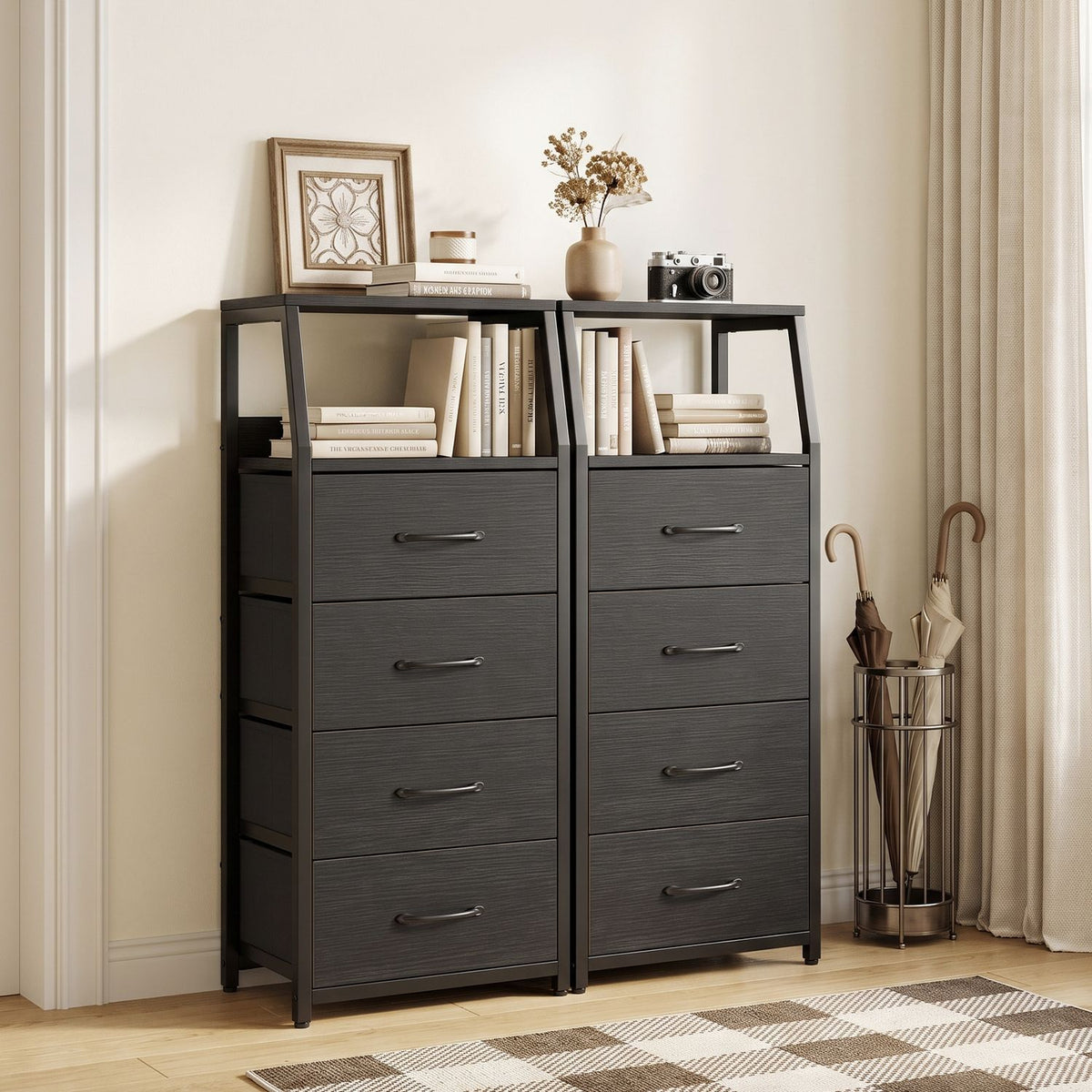 Tall Dresser with 4 Fabric Drawers and Metal Frame for Bedroom