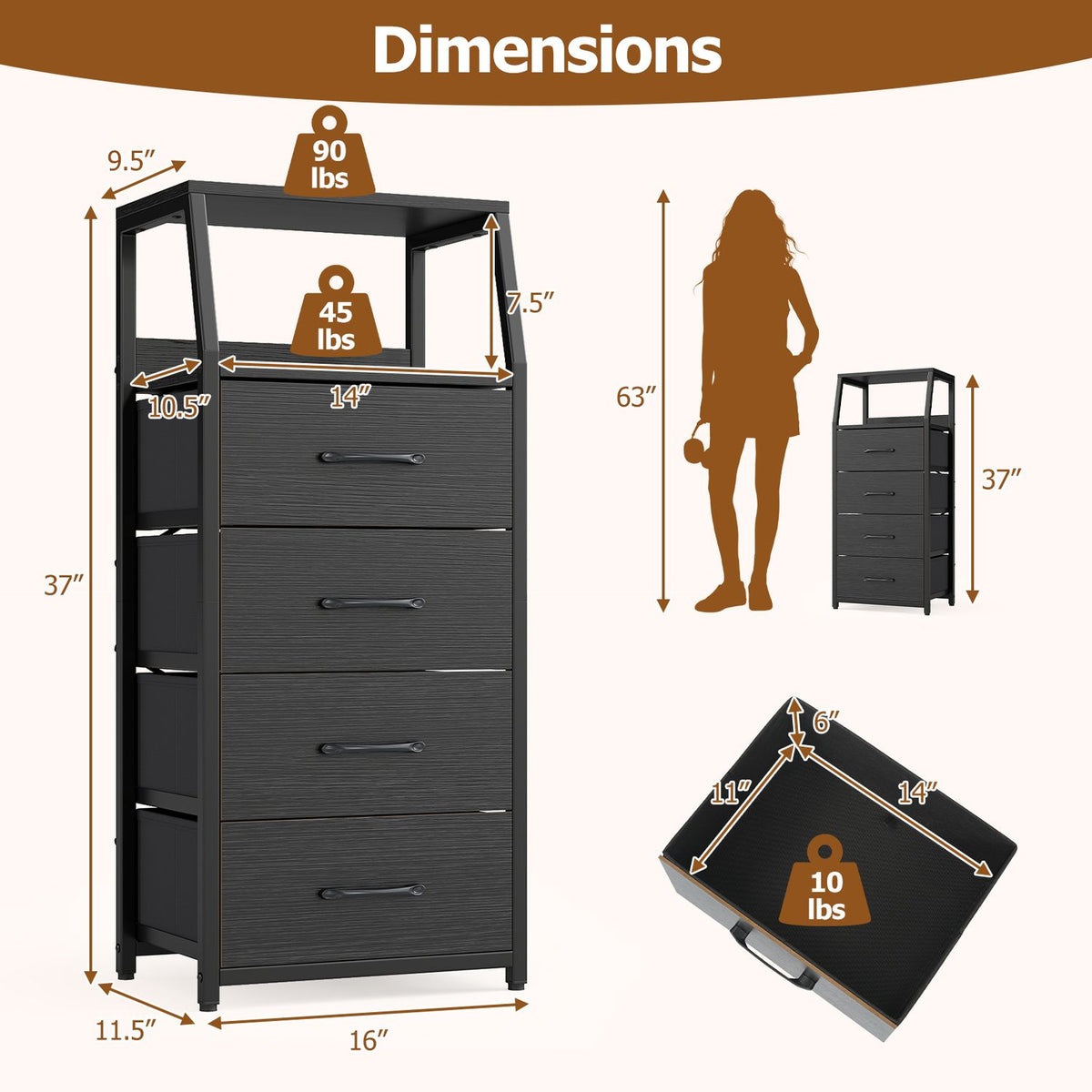 Tall Dresser with 4 Fabric Drawers and Metal Frame for Bedroom