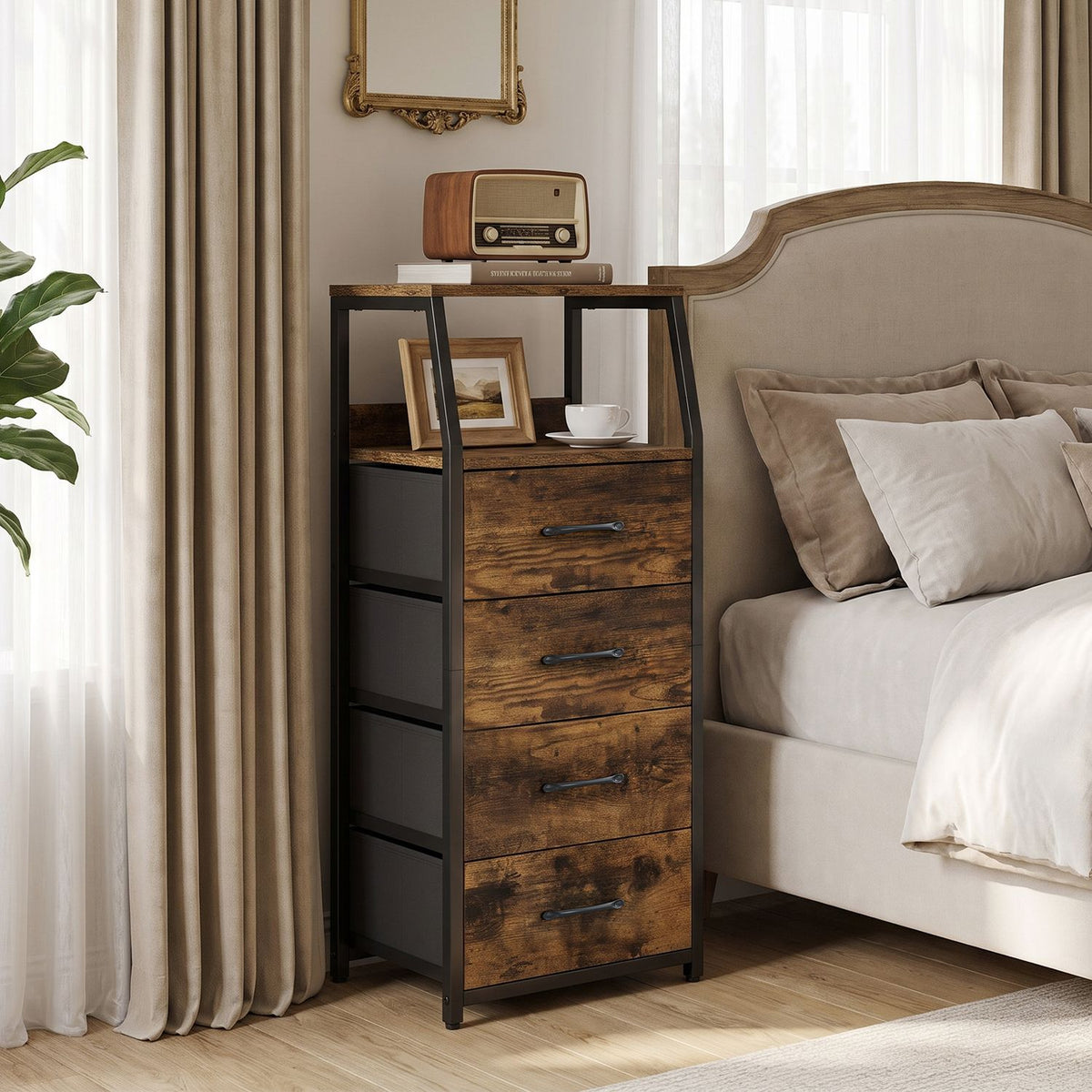 Tall Dresser with 4 Fabric Drawers and Metal Frame for Bedroom