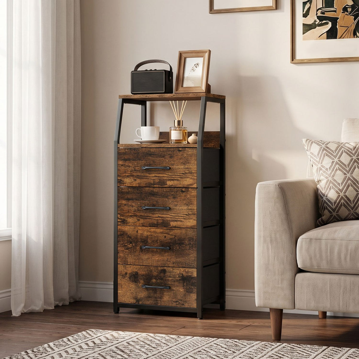 Tall Dresser with 4 Fabric Drawers and Metal Frame for Bedroom