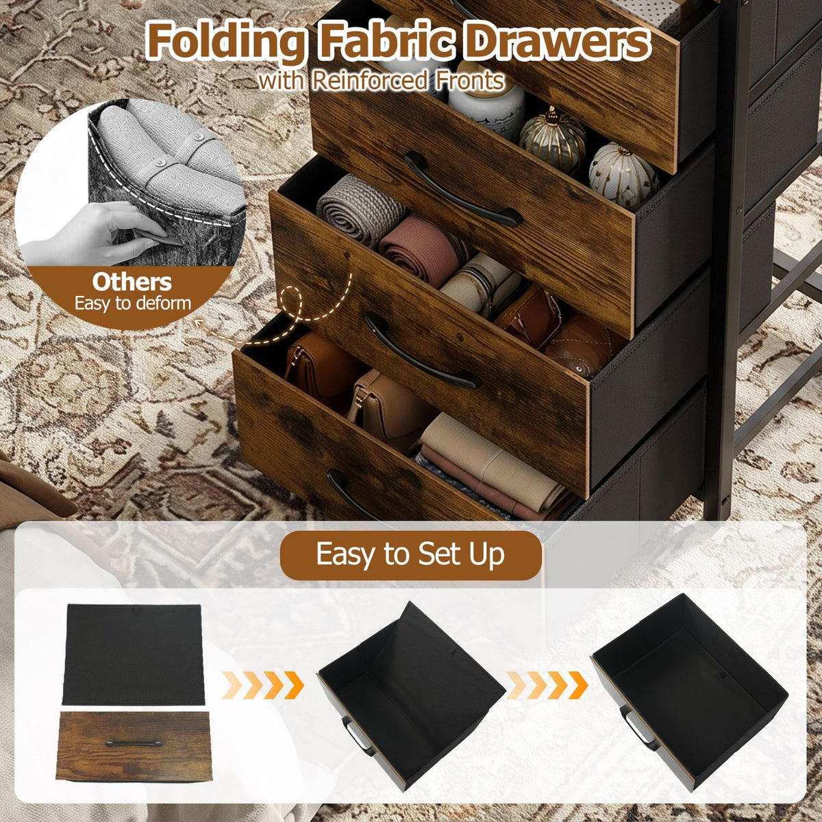 Tall Dresser with 4 Fabric Drawers and Metal Frame for Bedroom
