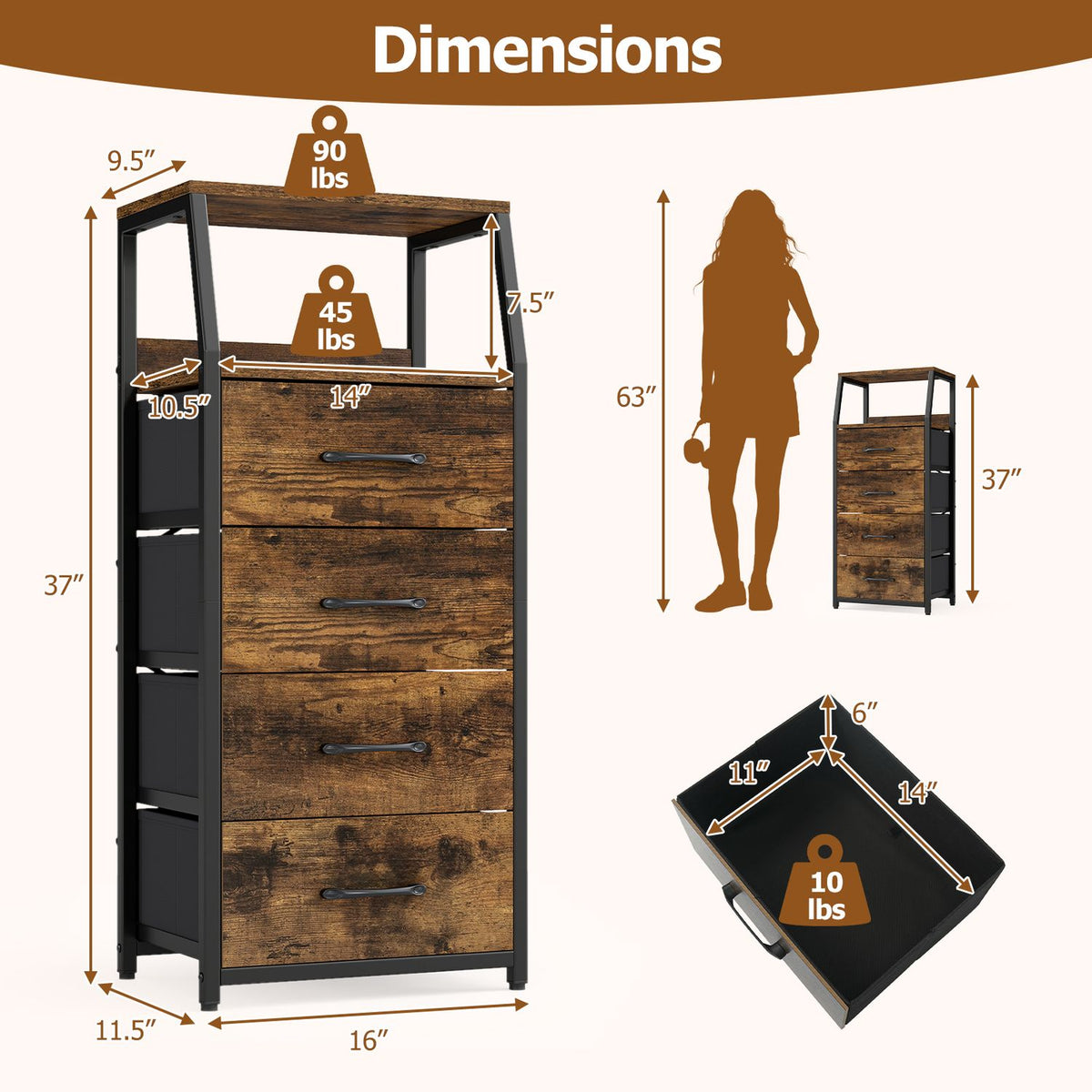 Tall Dresser with 4 Fabric Drawers and Metal Frame for Bedroom