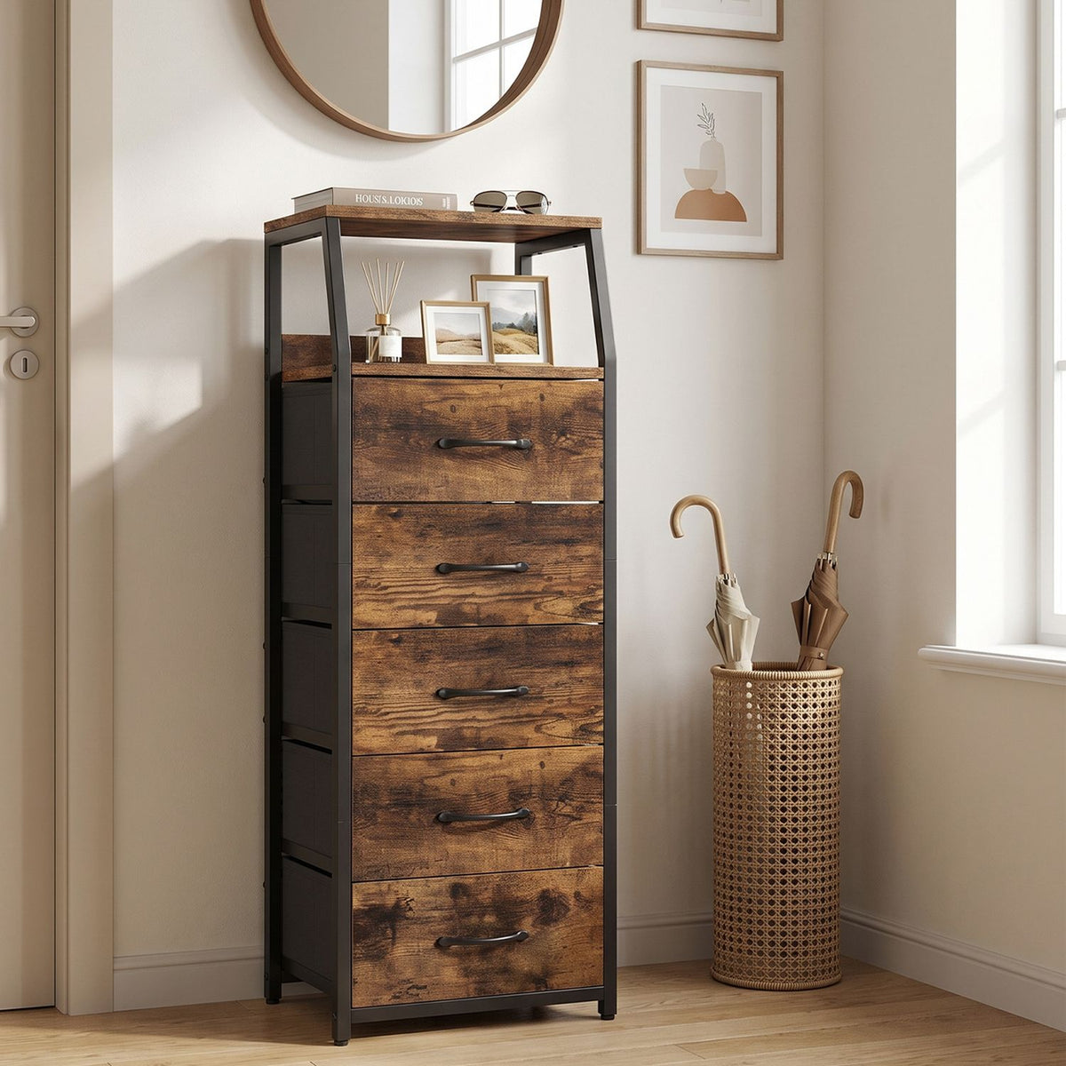 Tall Dresser with 5 Fabric Drawers for Bedroom 7-Tier Nightstand Chest of Drawers