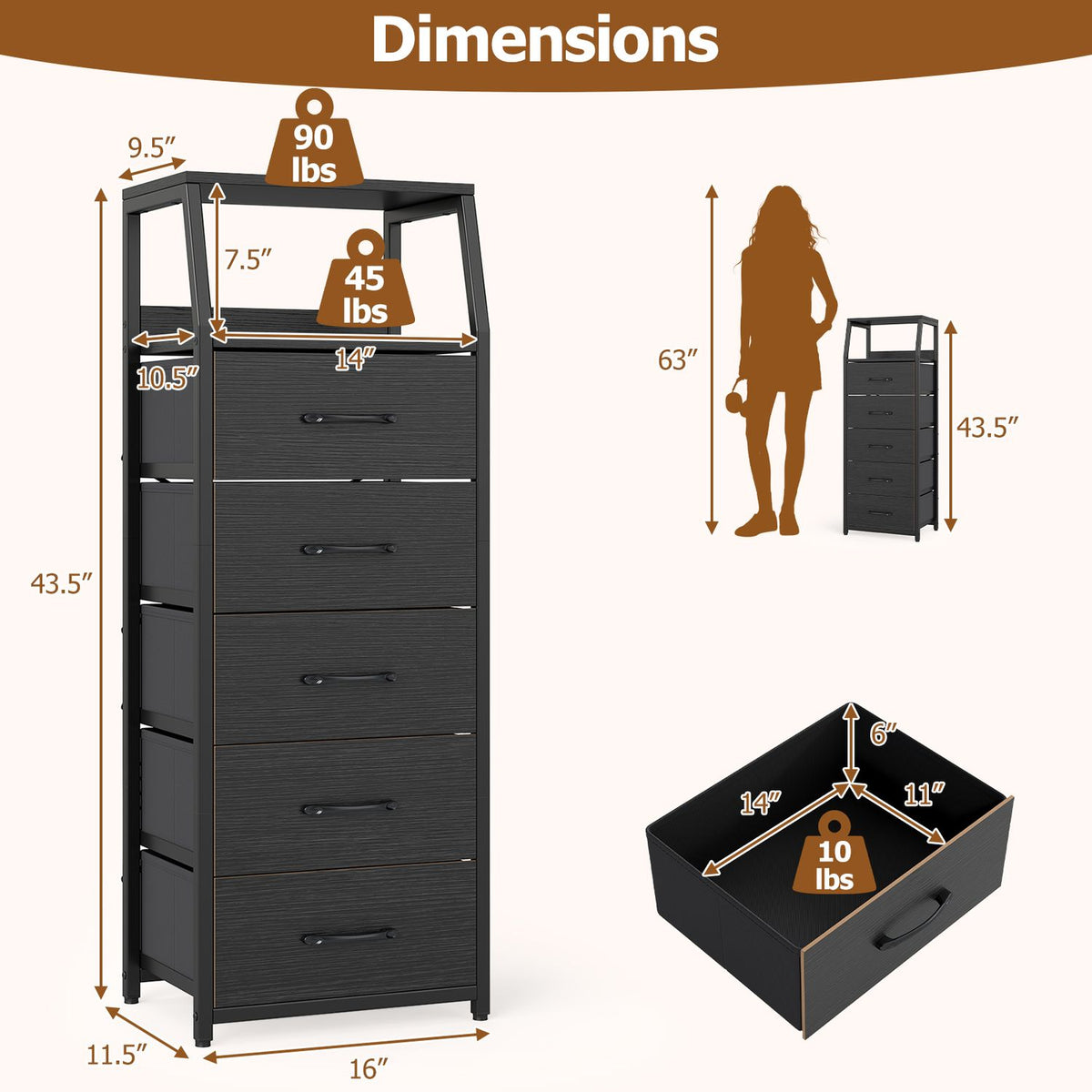 Tall Dresser with 5 Fabric Drawers for Bedroom 7-Tier Nightstand Chest of Drawers
