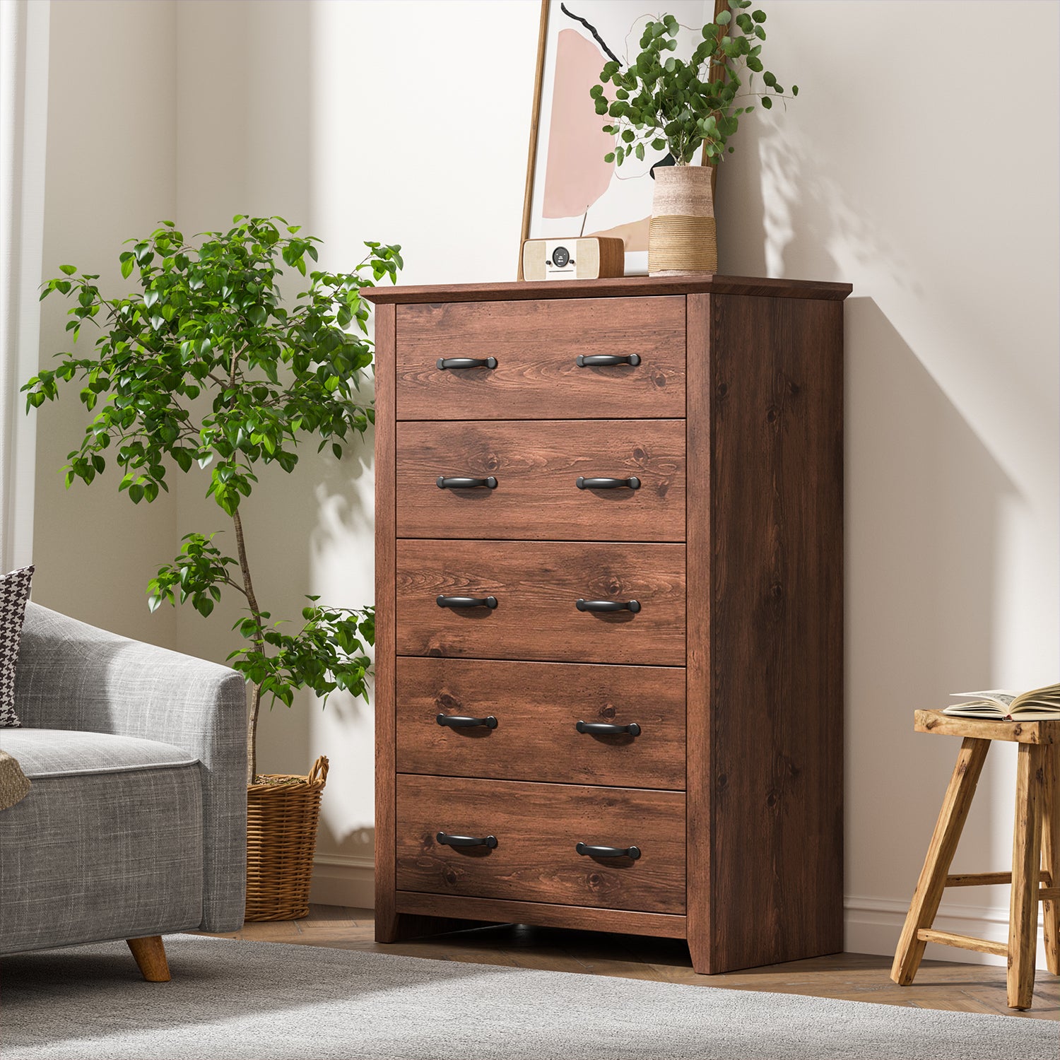 Tall Storage Dresser with 5 Pull-out Drawers for Bedroom Living Room