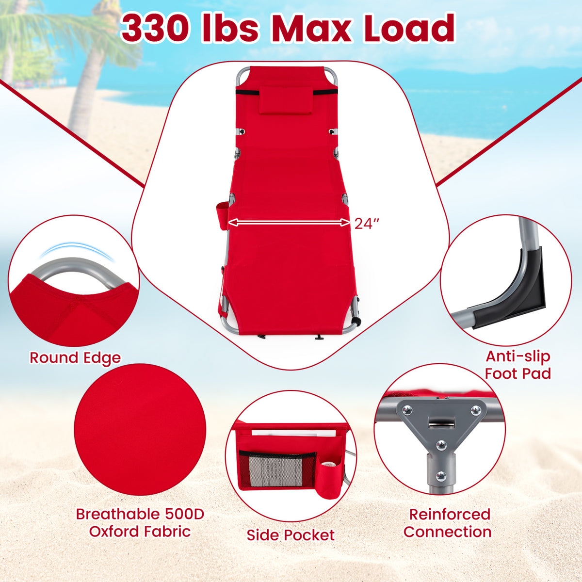 Tanning Chair with Face Arm Holes Portable Sunbathing Chair