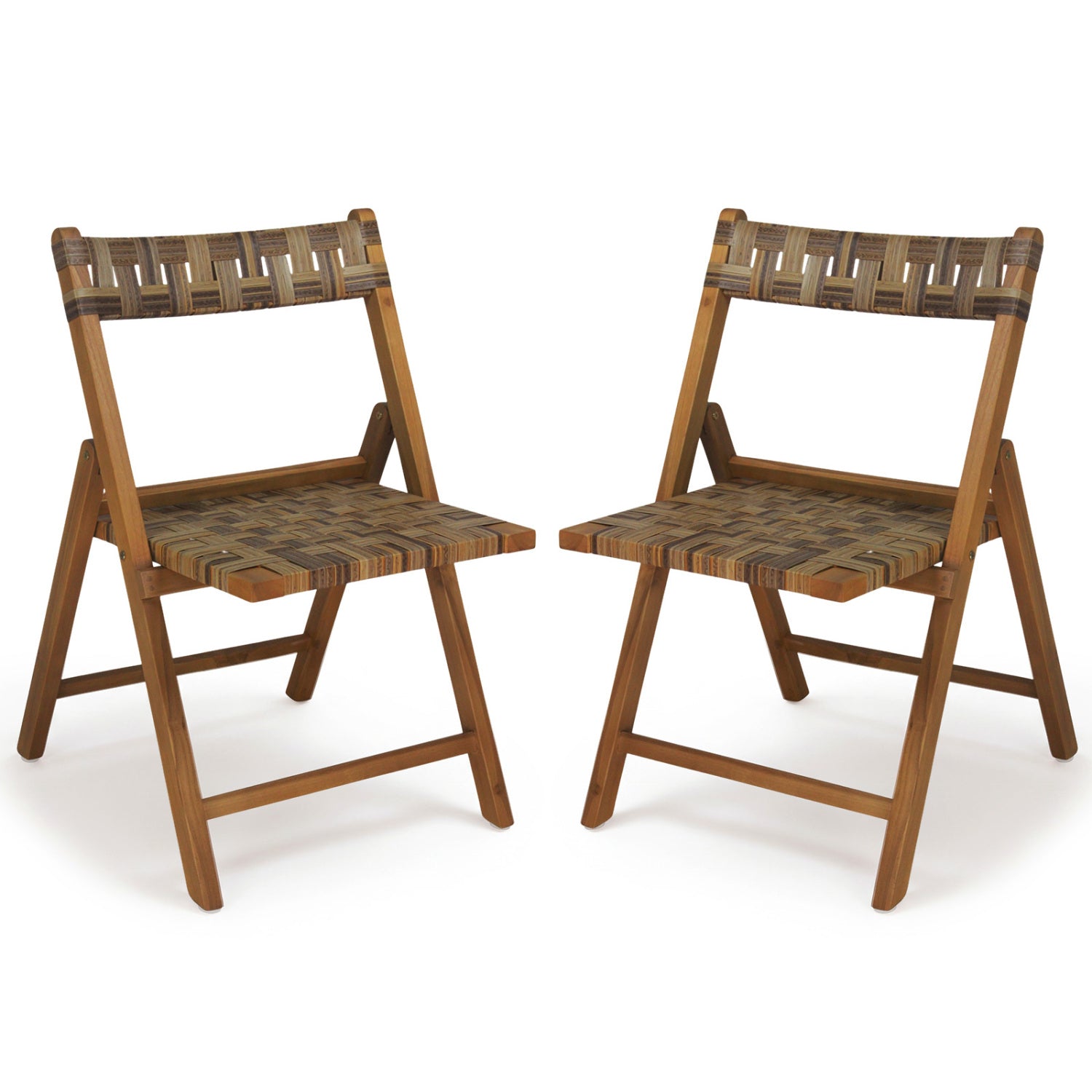 Teak Folding Chairs Set of 2 with Hand-Woven Rattan and Contoured Back