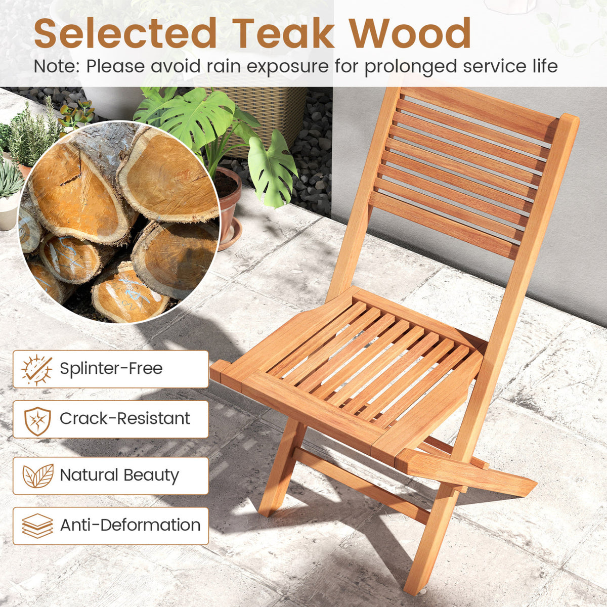 Teak Wood Folding Patio Chairs Set of 2 with Slatted Seat & Portable Design for Deck