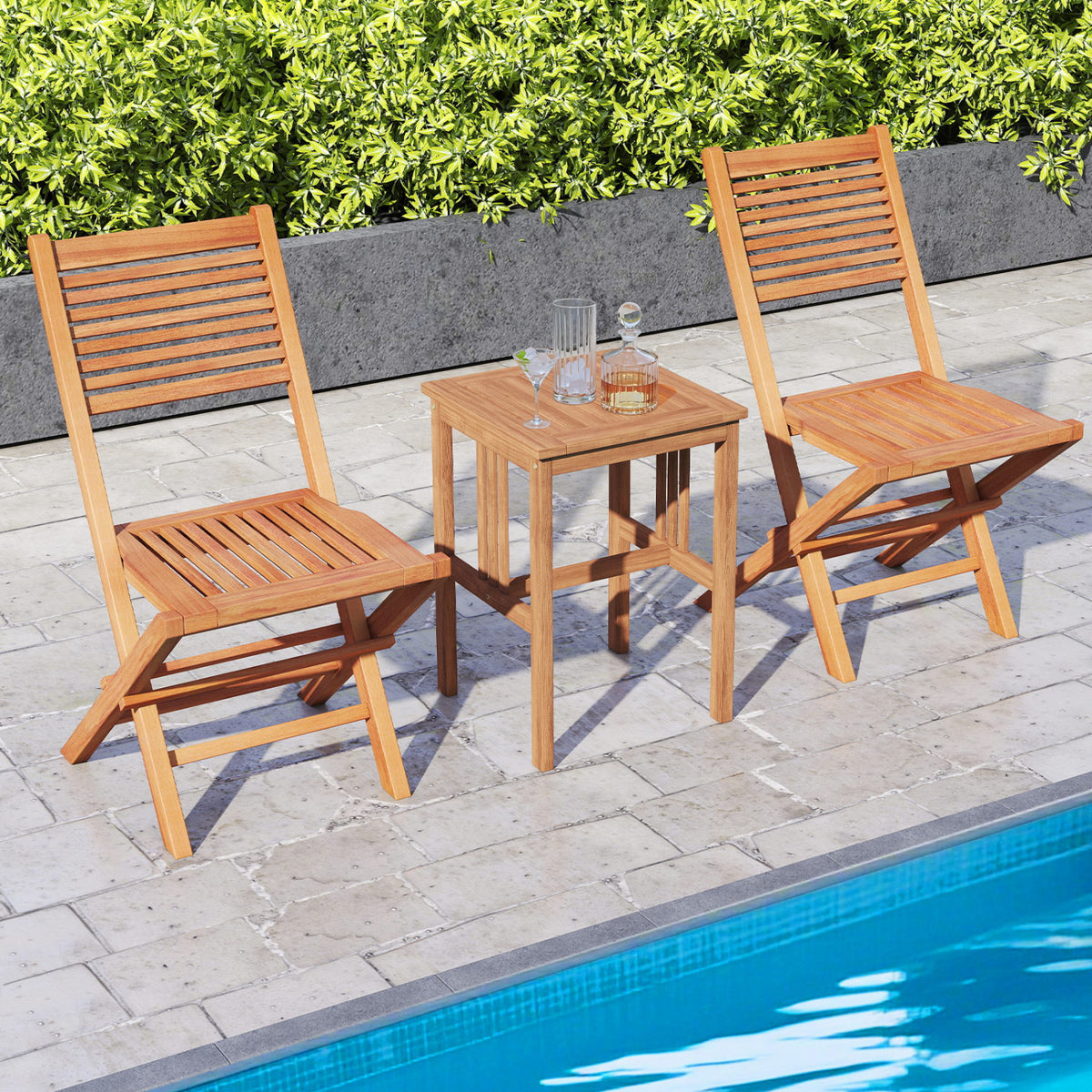 Teak Wood Folding Patio Chairs Set of 2 with Slatted Seat & Portable Design for Deck