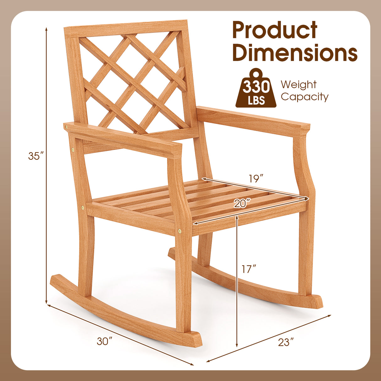 Teak Wood Rocking Chair Oversized Porch Rocker with Backrest and Slatted Seat