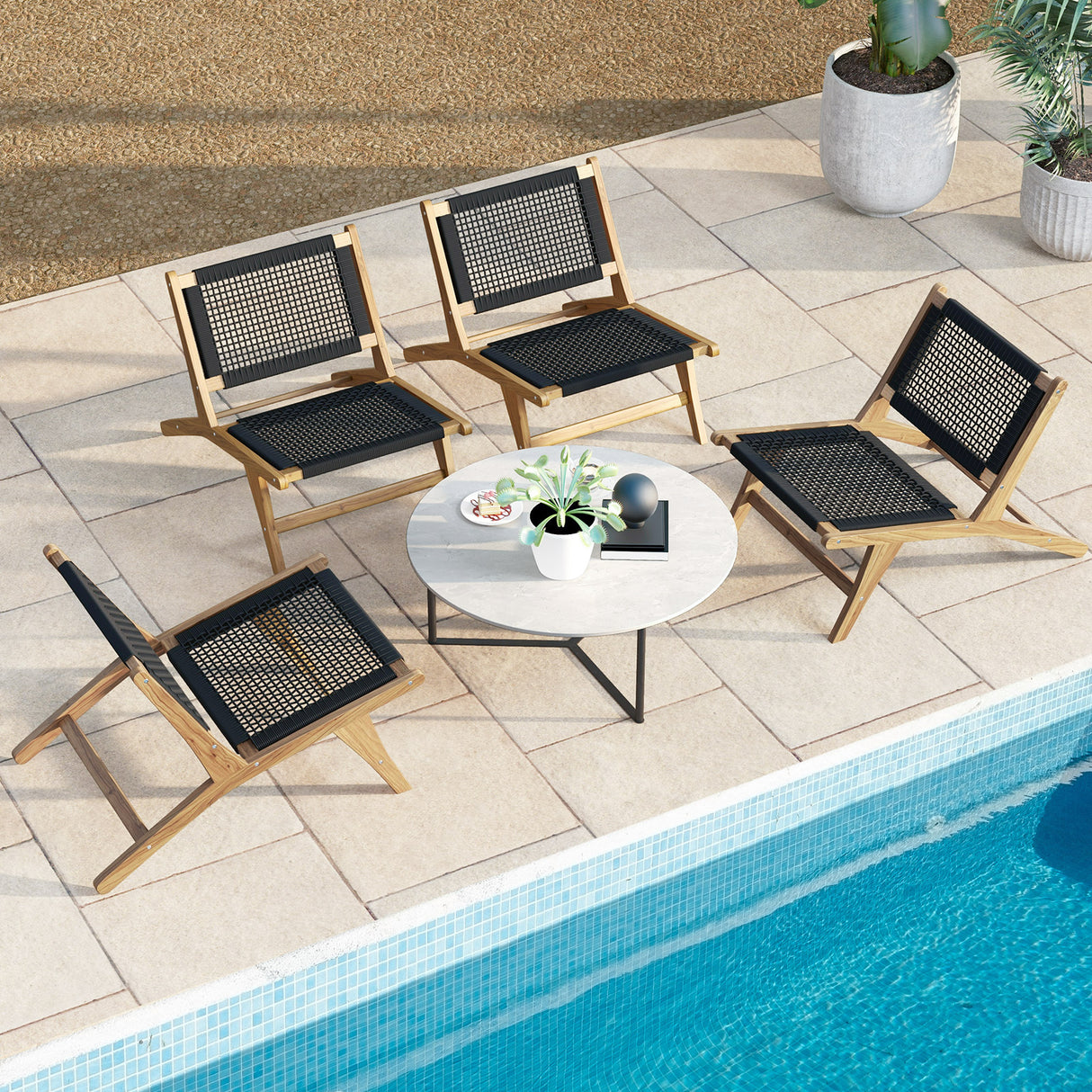 Indoor Outdoor Teak Wooden Chair with Handwoven Cordage Seat and Backrest