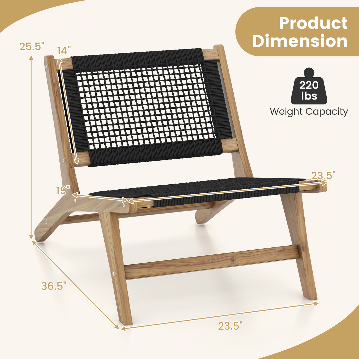 Indoor Outdoor Teak Wooden Chair with Handwoven Cordage Seat and Backrest