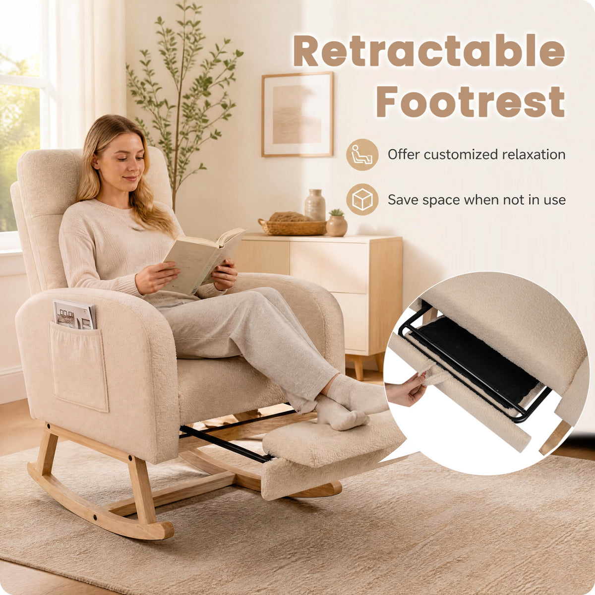 Teddy Upholstered Rocking Chair with Retractable Footrest-Beige