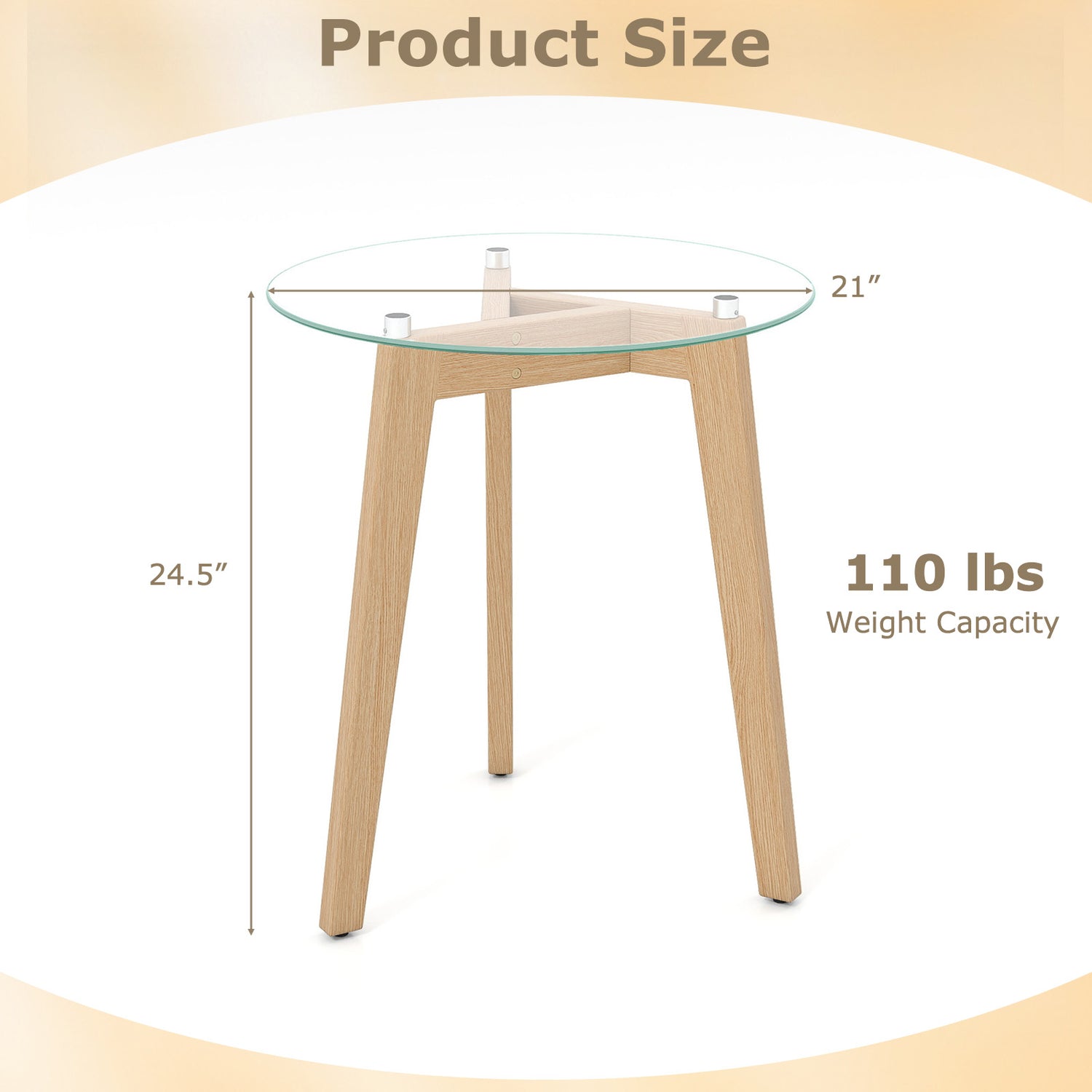 Tempered Glass End Table Round with Solid Rubber Wood Structure