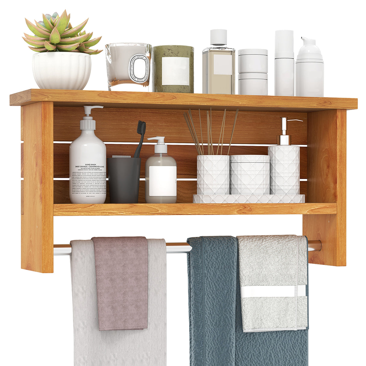Wall-Mounted 2-Tier Solid Teak Wood Bathroom Shelf with Towel Bar