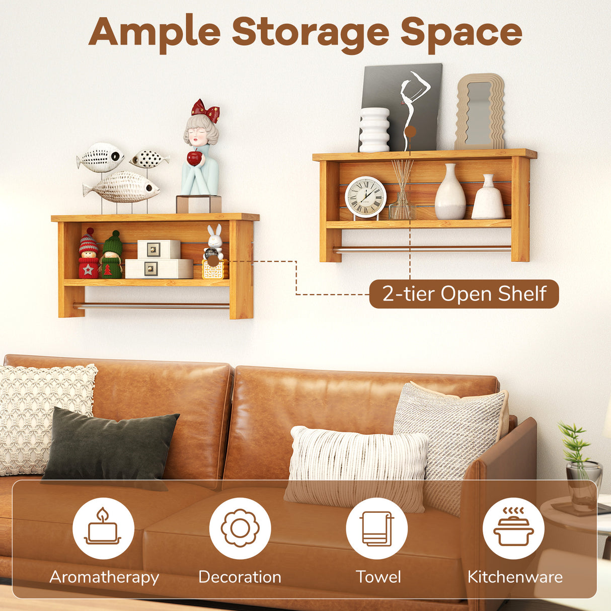 Wall-Mounted 2-Tier Solid Teak Wood Bathroom Shelf with Towel Bar