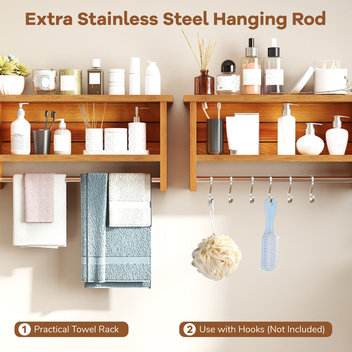 Wall-Mounted 2-Tier Solid Teak Wood Bathroom Shelf with Towel Bar