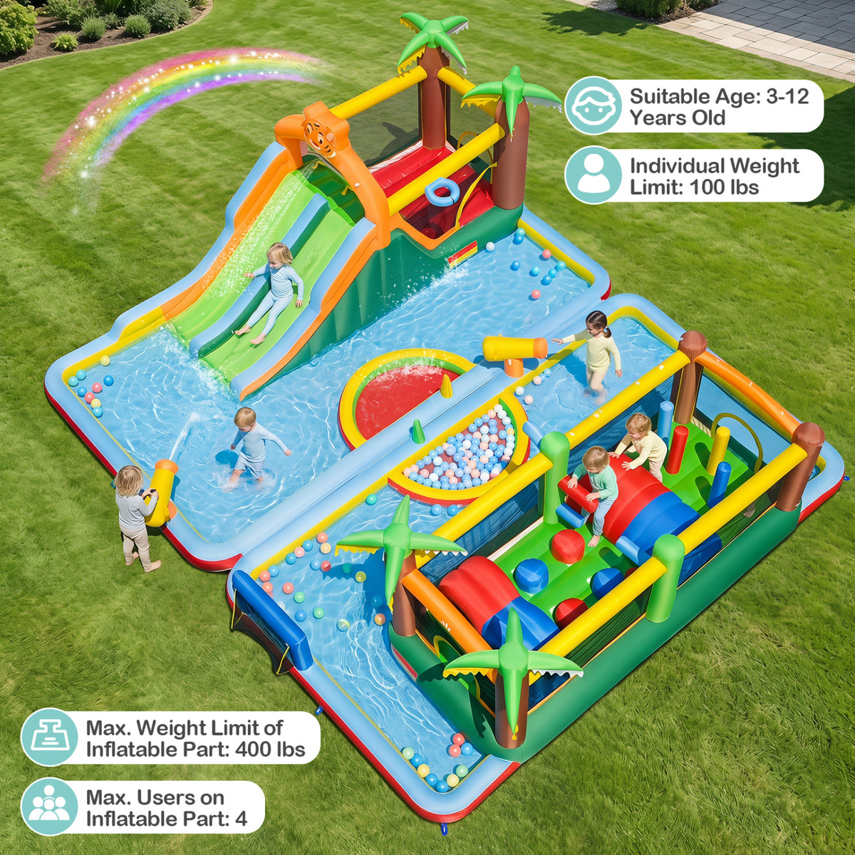 Tiger Inflatable Water Park Obstacle Bounce House with 2 Blower