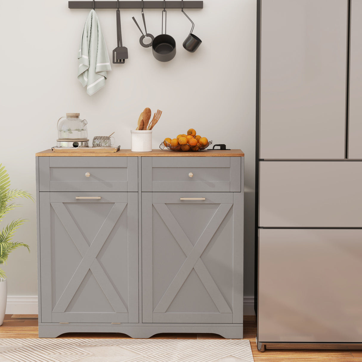 Tilt Out Trash Can Cabinet with Outlets and Adjustable Shelf