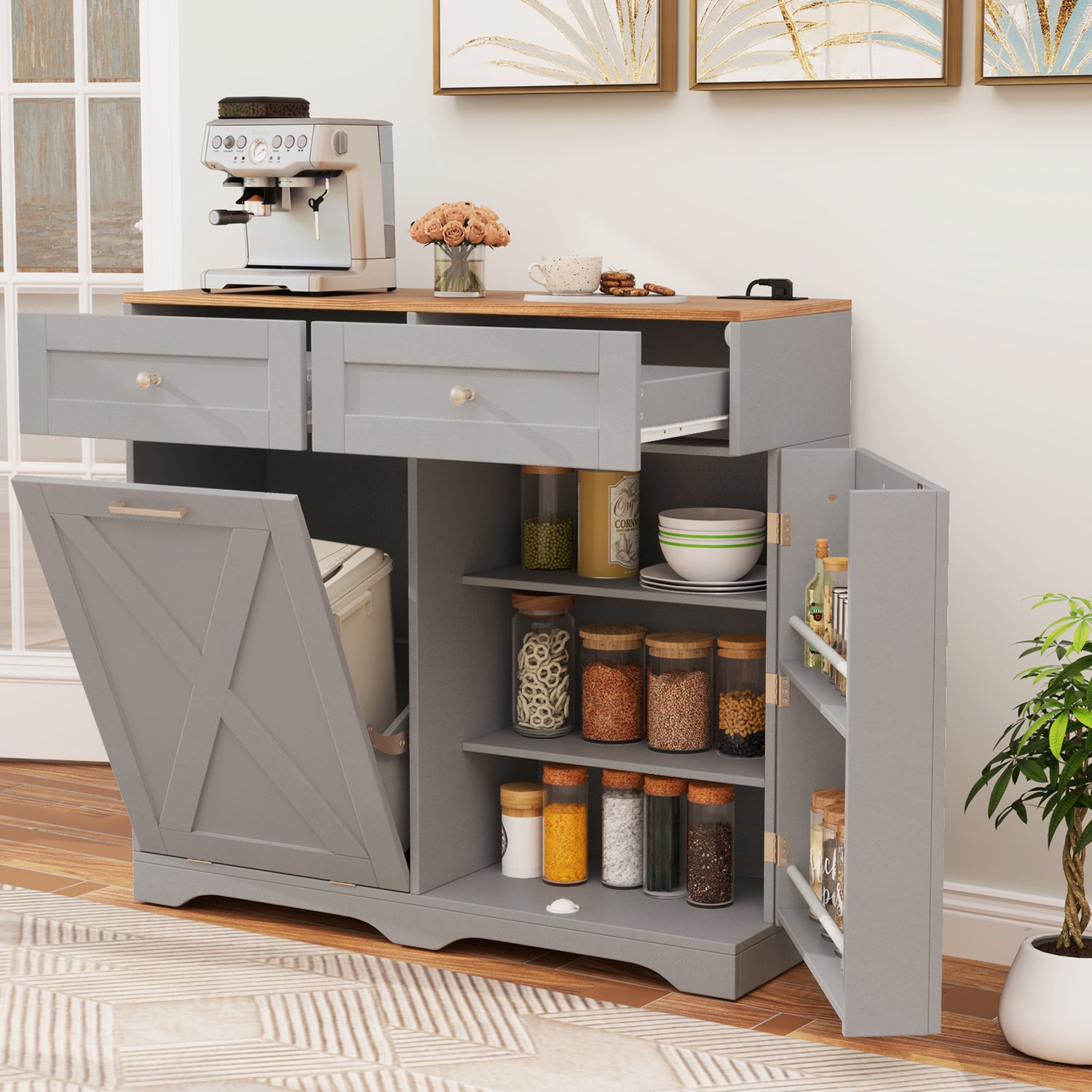 Tilt Out Trash Can Cabinet with Outlets and Adjustable Shelf
