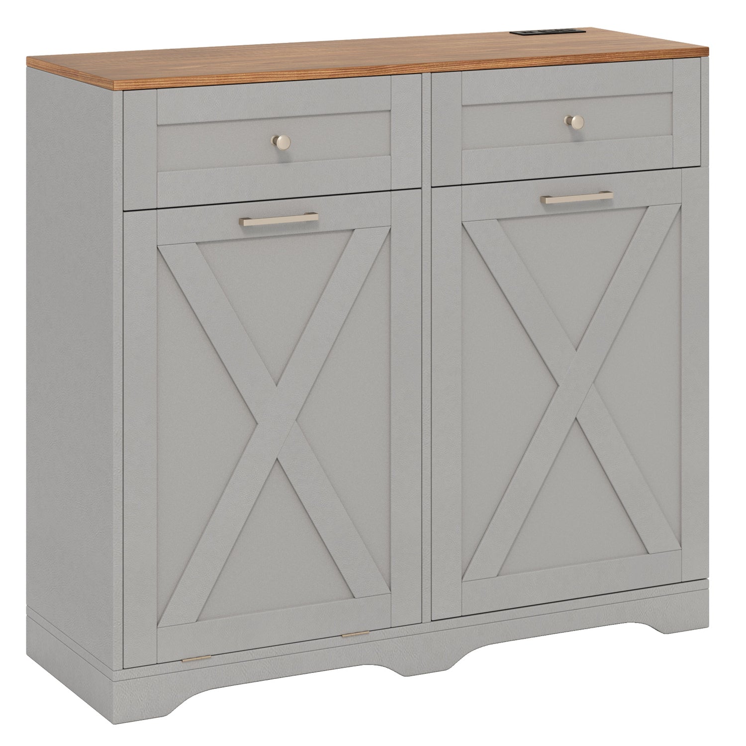 Tilt Out Trash Can Cabinet with Outlets and Adjustable Shelf