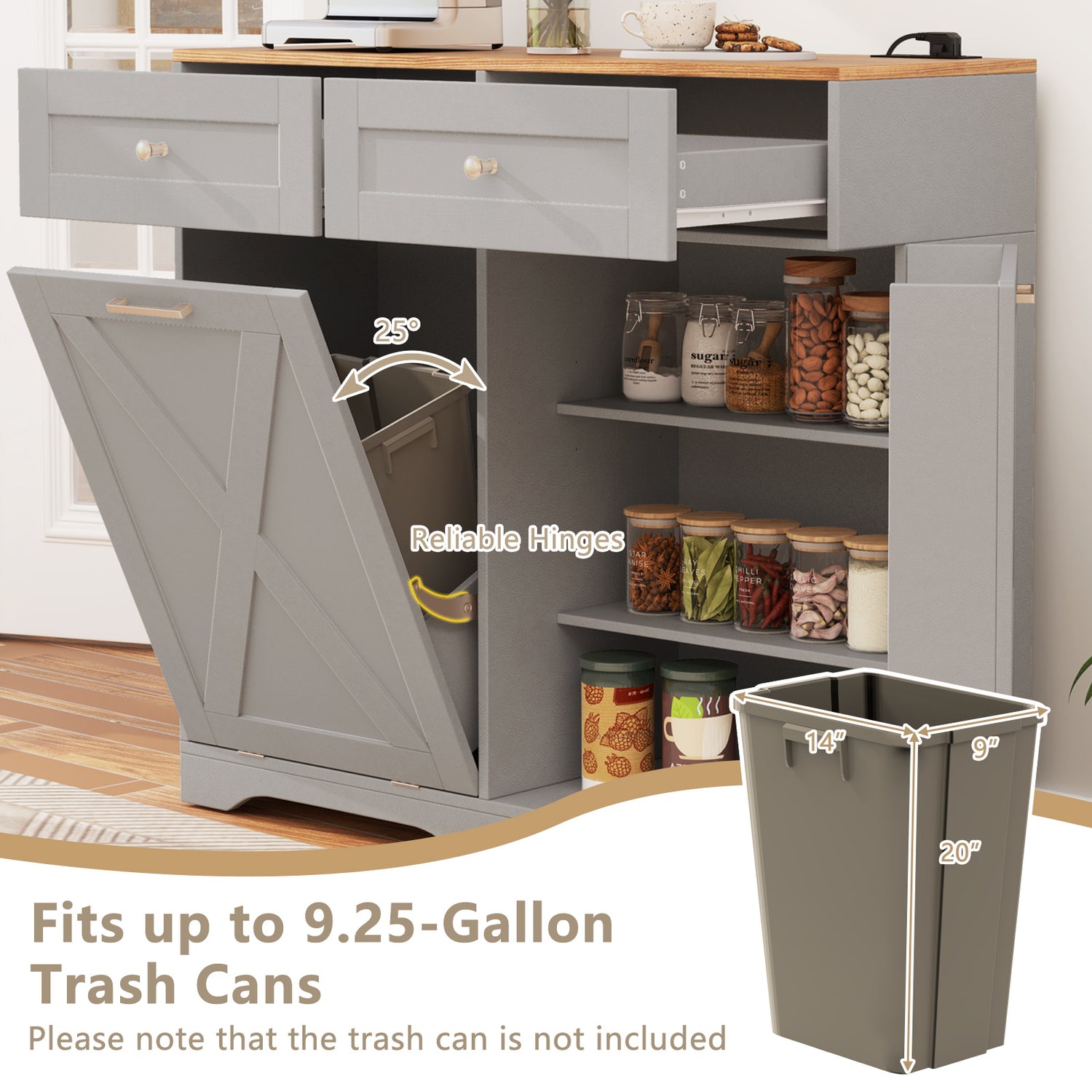 Tilt Out Trash Can Cabinet with Outlets and Adjustable Shelf
