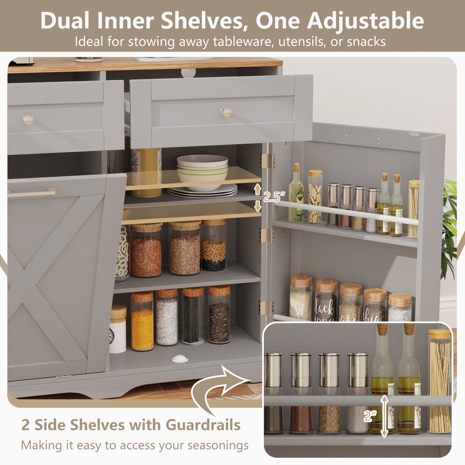 Tilt Out Trash Can Cabinet with Outlets and Adjustable Shelf