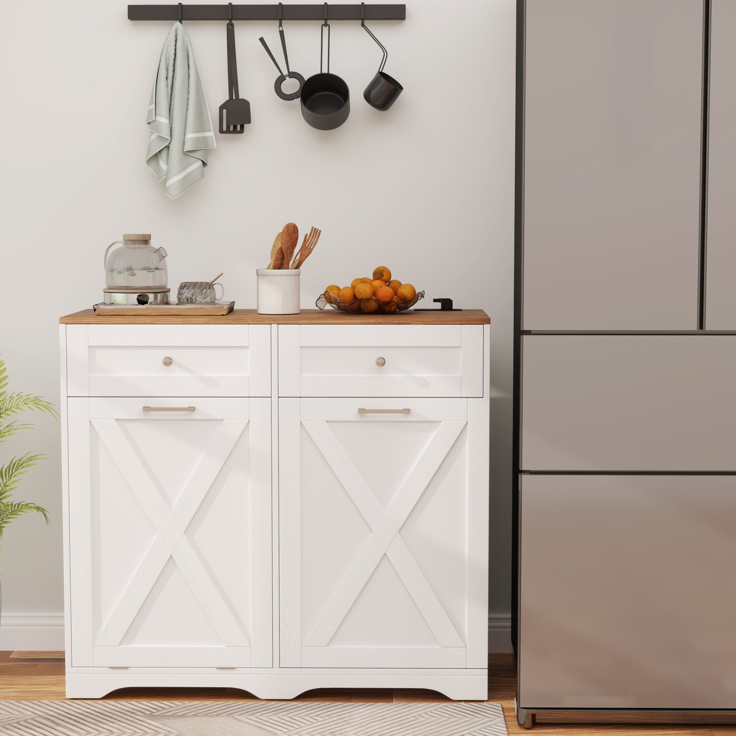 Tilt Out Trash Can Cabinet with Outlets and Adjustable Shelf