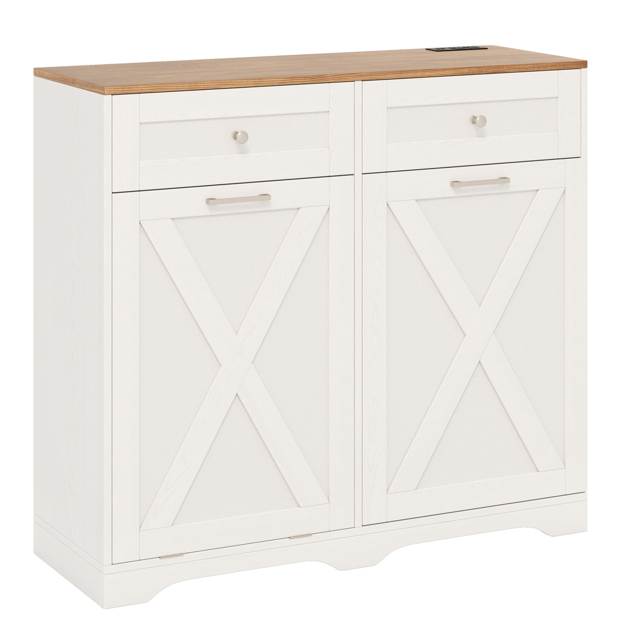 Tilt Out Trash Can Cabinet with Outlets and Adjustable Shelf