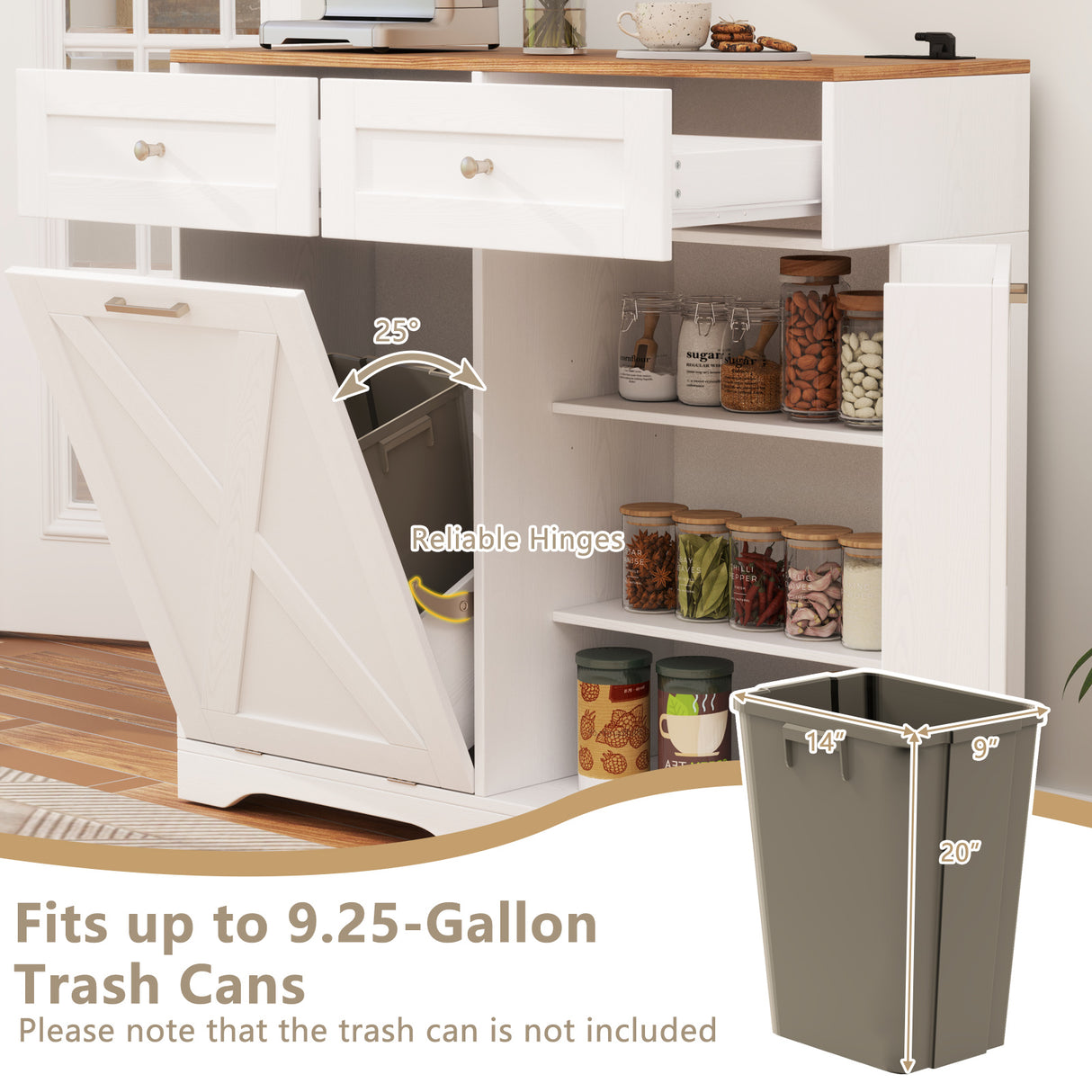 Tilt Out Trash Can Cabinet with Outlets and Adjustable Shelf