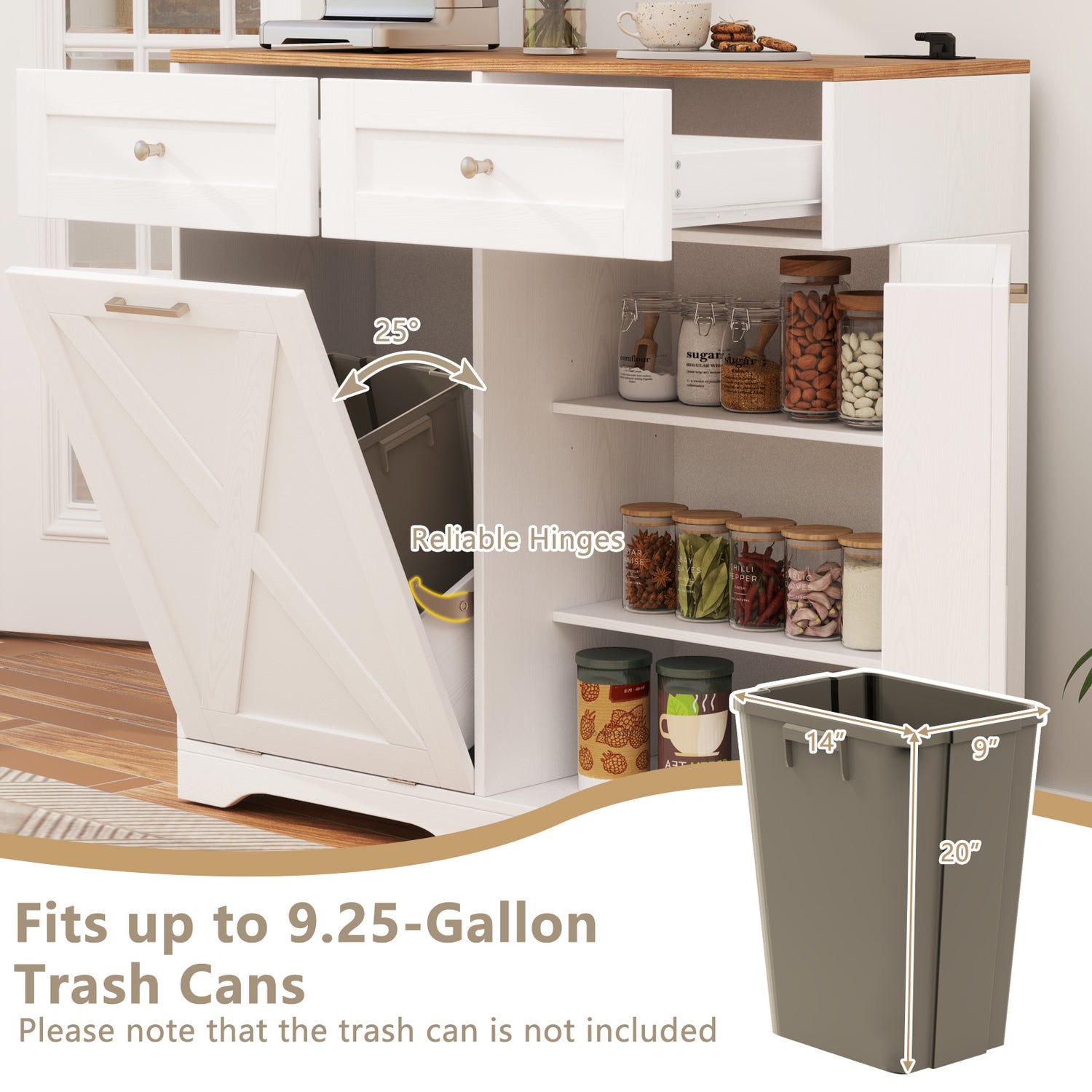 Tilt Out Trash Can Cabinet with Outlets and Adjustable Shelf