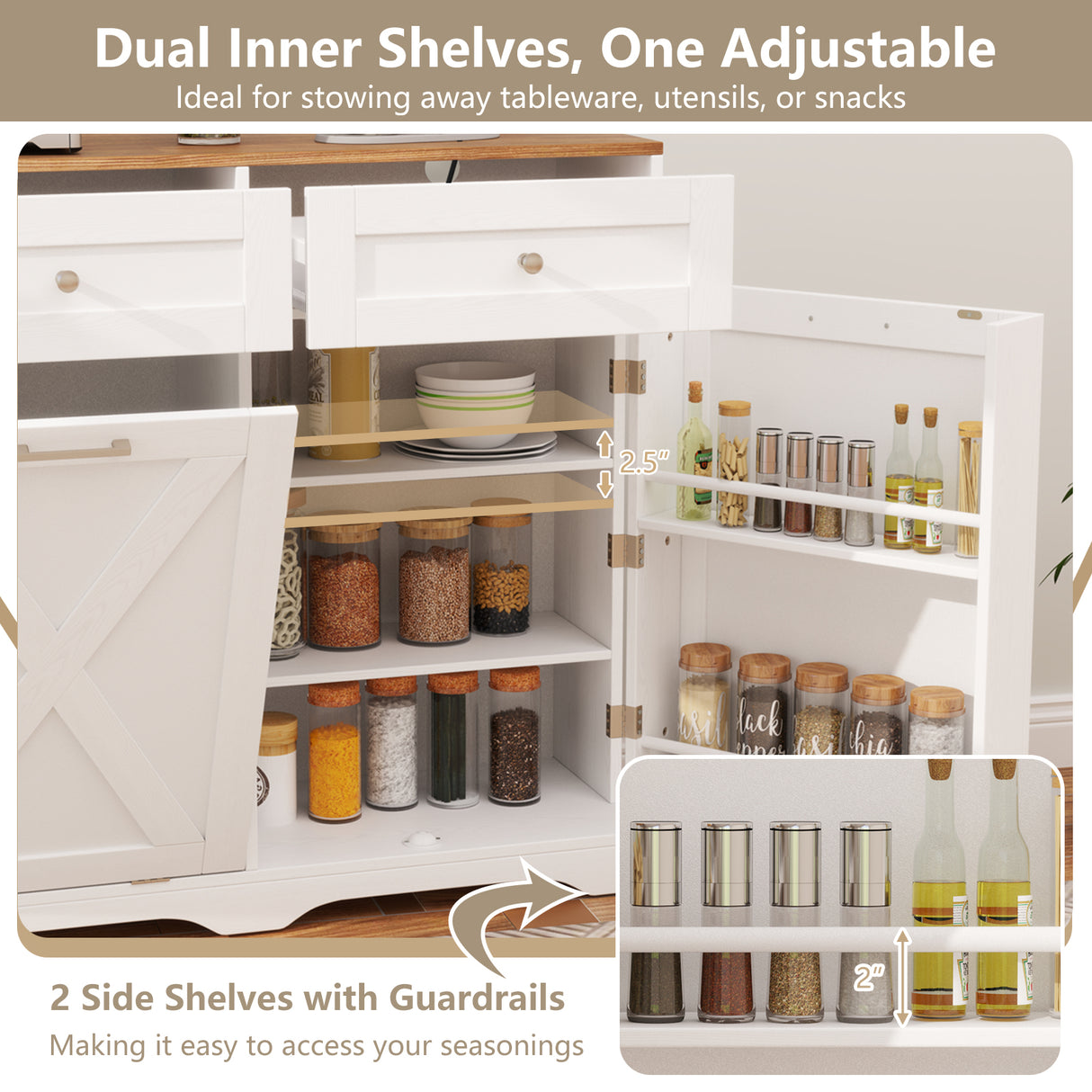 Tilt Out Trash Can Cabinet with Outlets and Adjustable Shelf