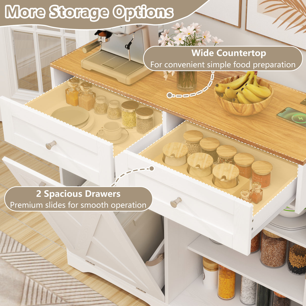 Tilt Out Trash Can Cabinet with Outlets and Adjustable Shelf